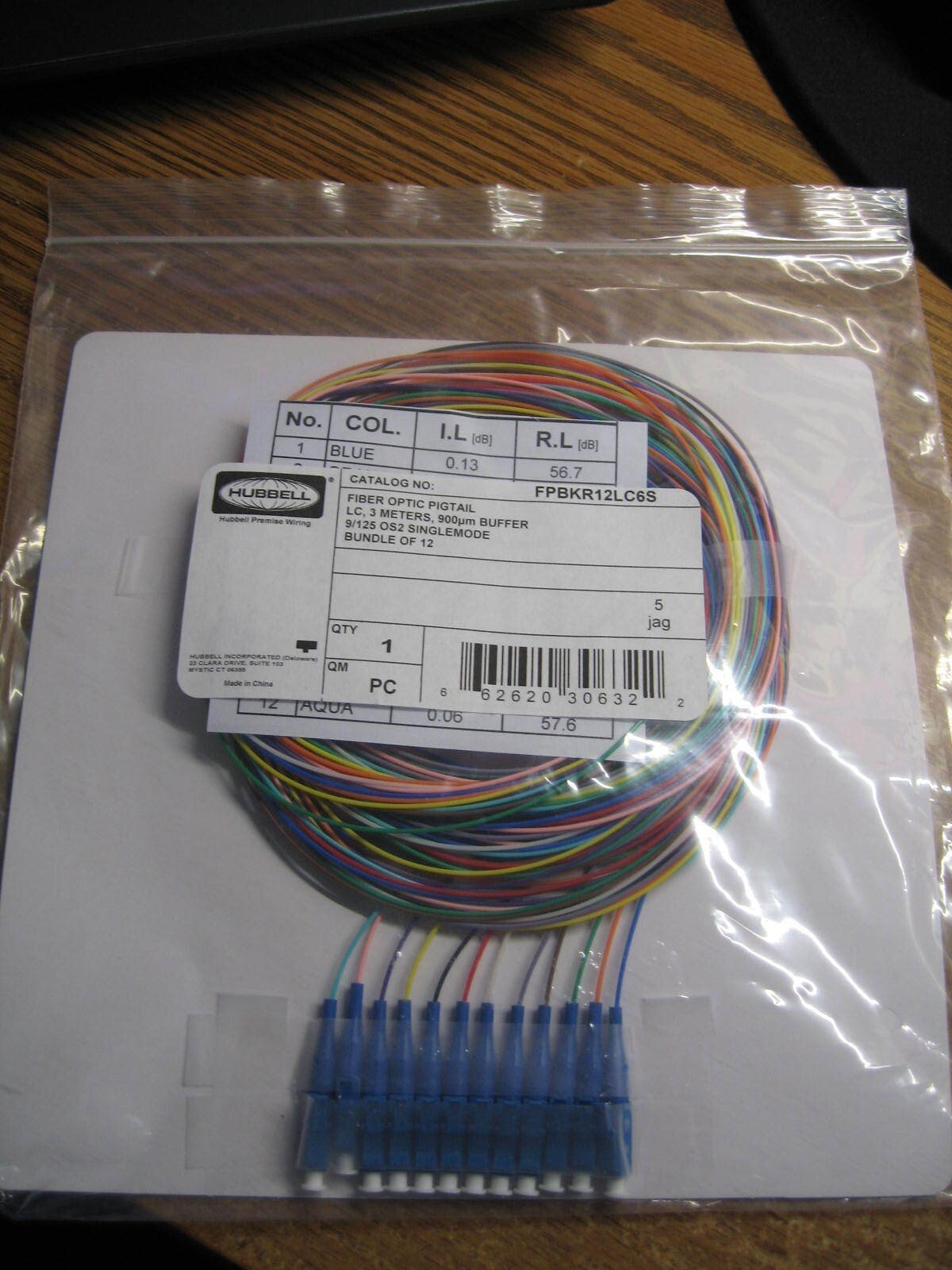 HUBBELL FPBKR12LC6S LC Fiber Optic Pigtail 3 meter 9/125 Singlemode SM 12 Strand