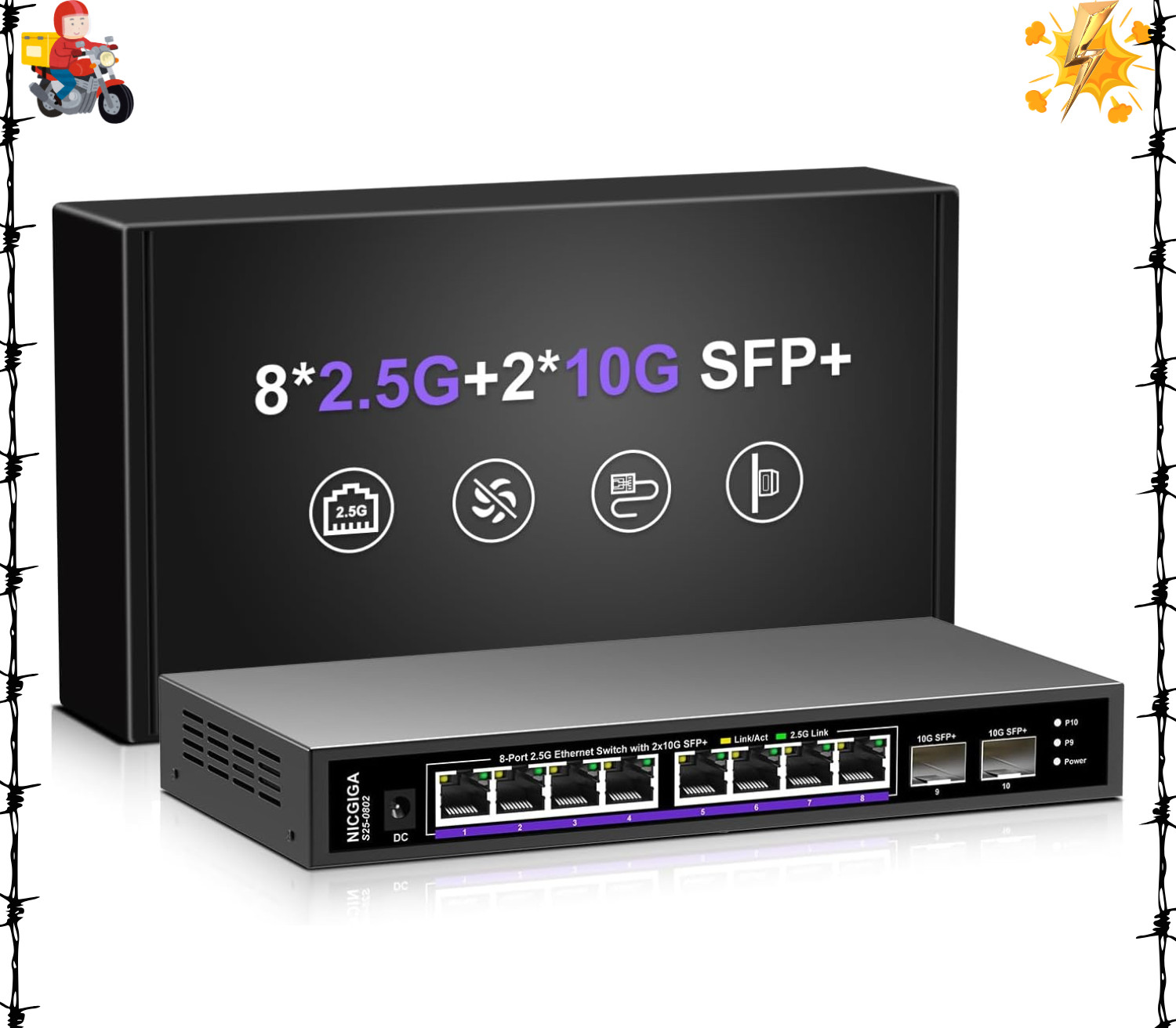 10 Port 2.5Gb Unmanaged Ethernet Switch with 8* 2.5G Base-T Ports + 2* 10G SF...