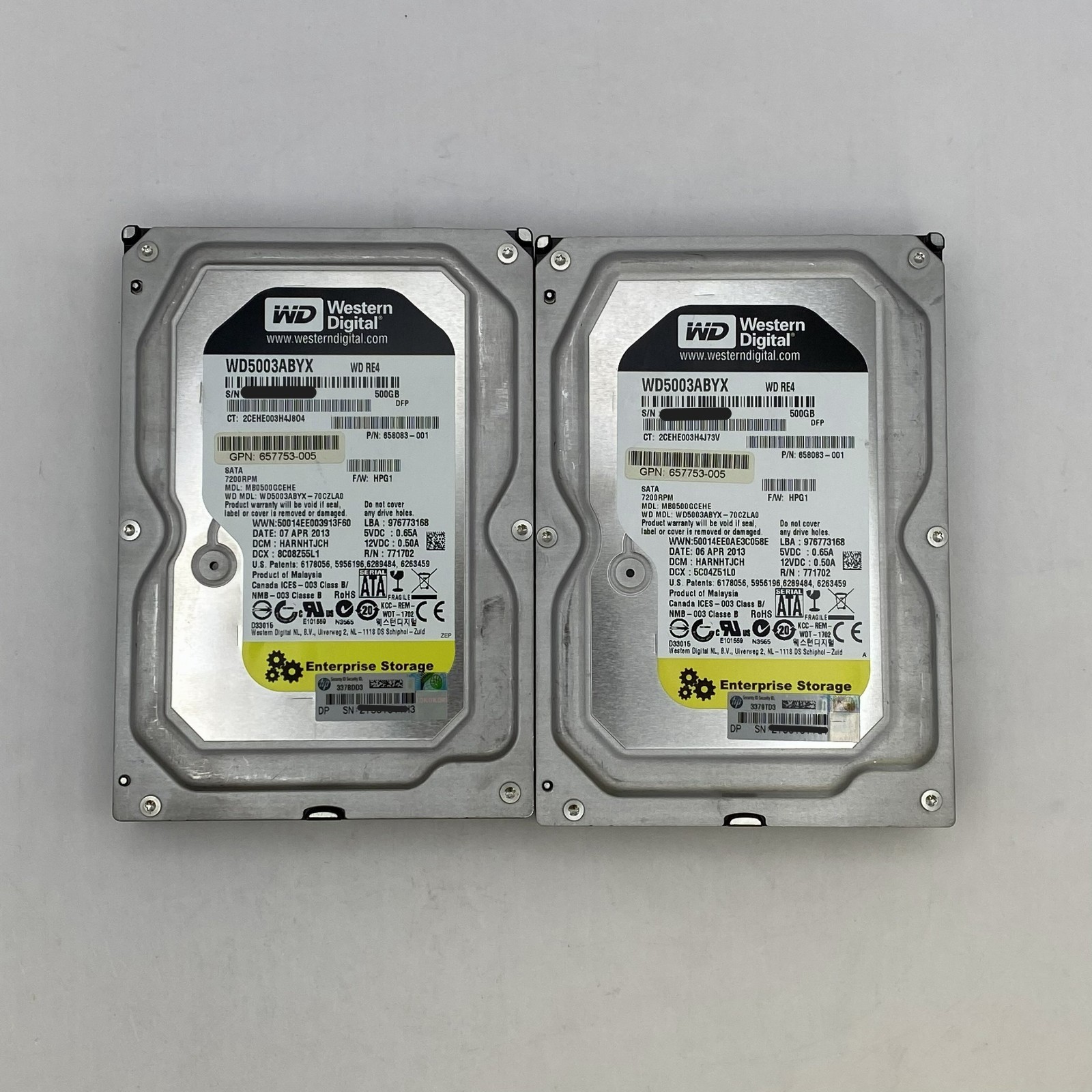 Lot of 2 WD RE4 500GB 3.5" Enterprise SATA HDD WD5003ABYX 658083-001 Good Health