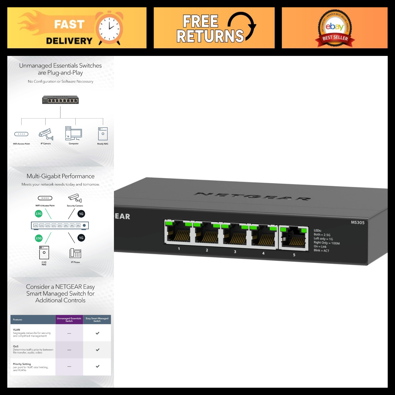 5-Port 2.5G Multi-Gigabit Ethernet Switch, Unmanaged, Desktop/Wall Mount, Metal