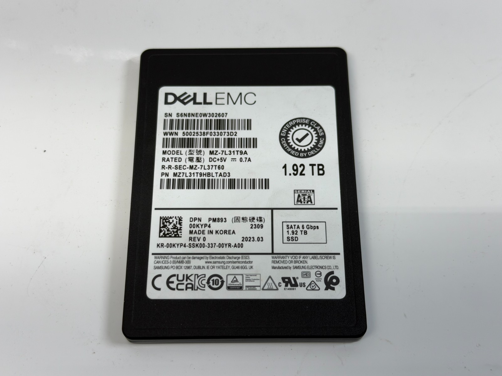 Dell Enterprise PM893 1.92TB SATA 6Gb/s RI 2.5" SSD 0KYP4 (99% health) 524 Days