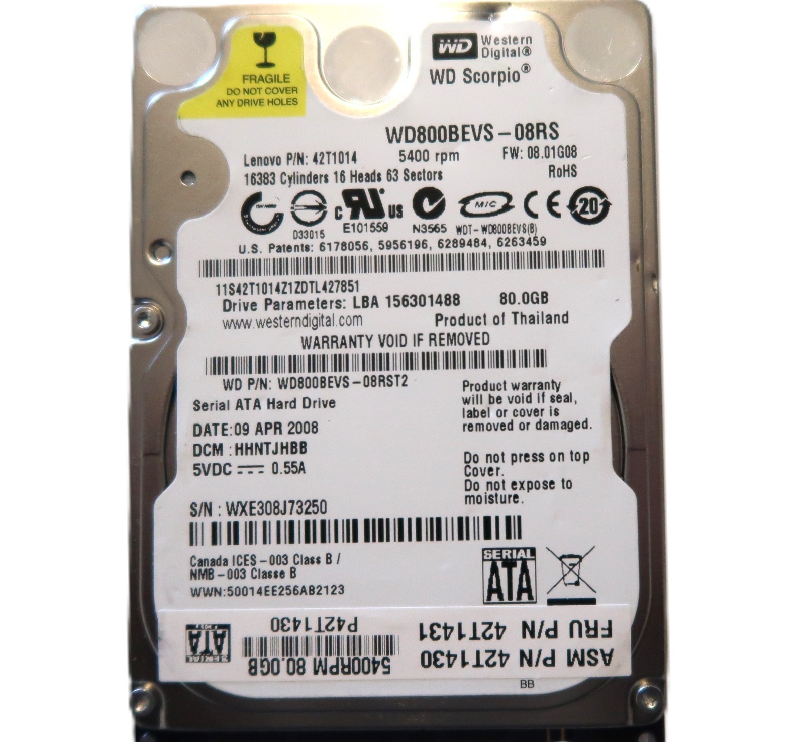 WD WD800BEVS-08RST2 DCM: HHNTJHBB (WXE) Thailand 80gb 2.5" Sata HDD 04/2008