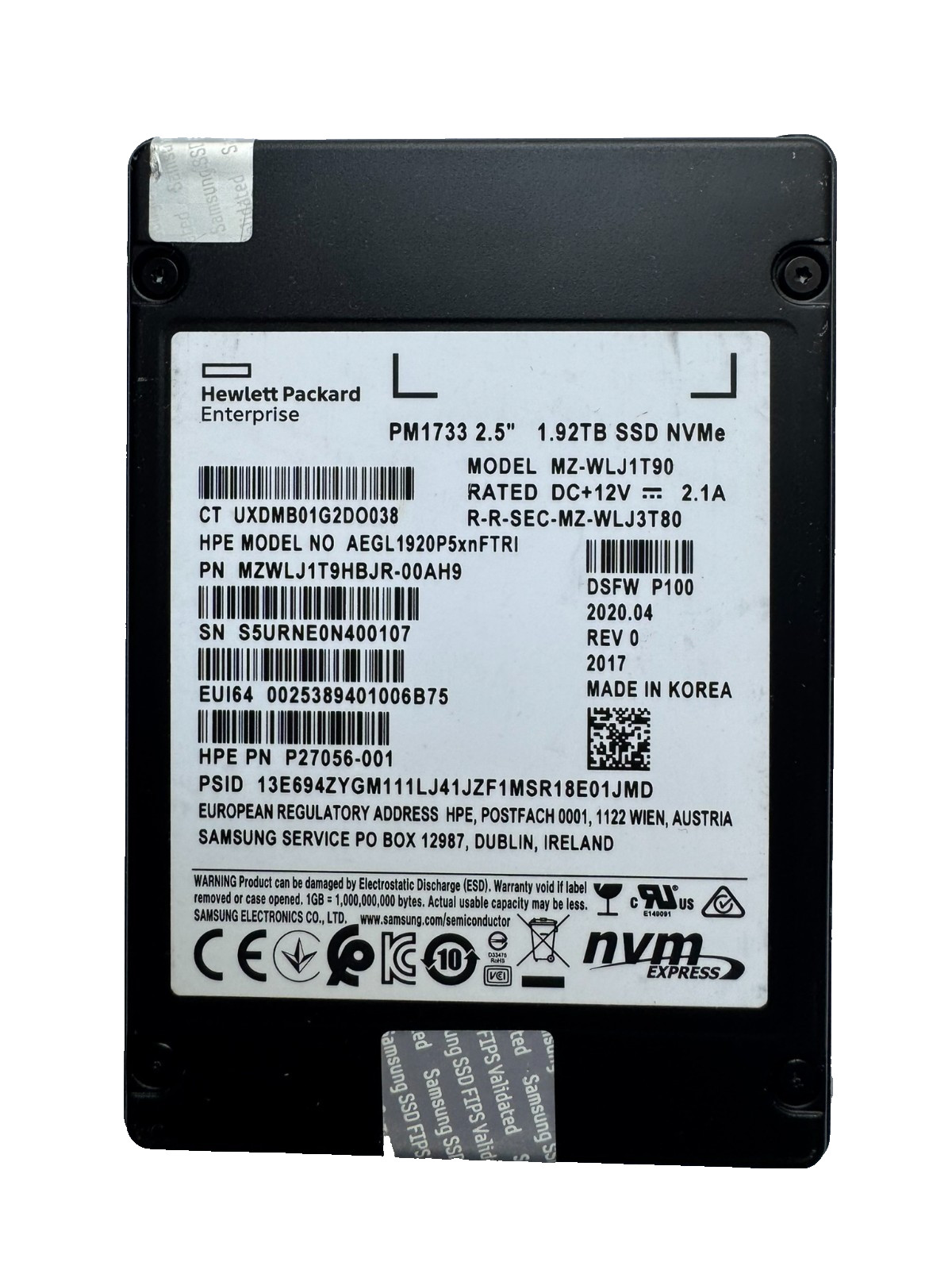 HPE Samsung PM1733 1.92TB 2.5" PCIex4 NVMe U.2 SSD/Great HEALTH-96%