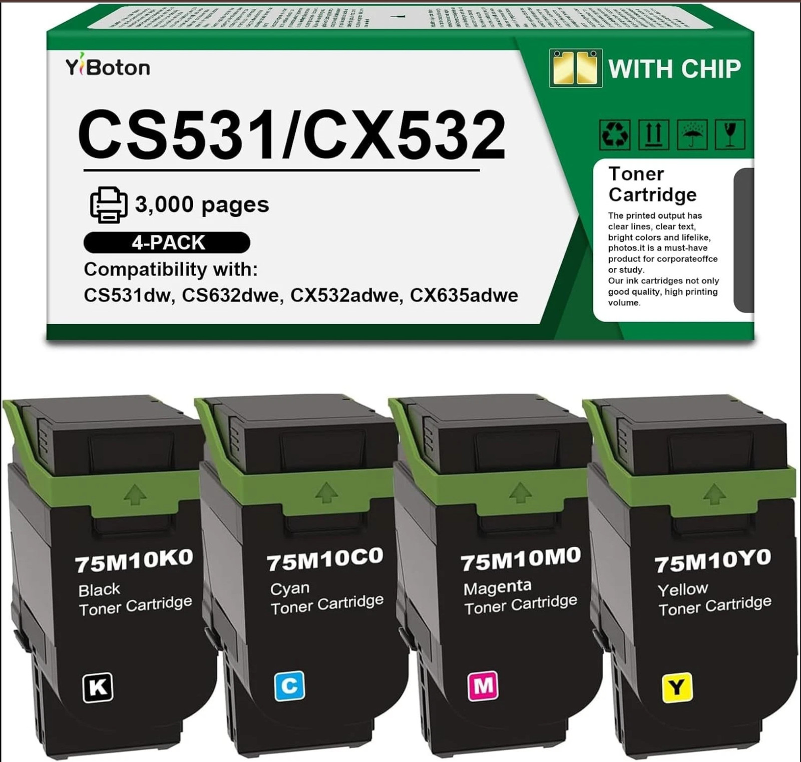 ** NEW Lexmark CS531 / CX532 Compatible Toner | 75M10K0 75M10C0 75M10M0 75M10Y0