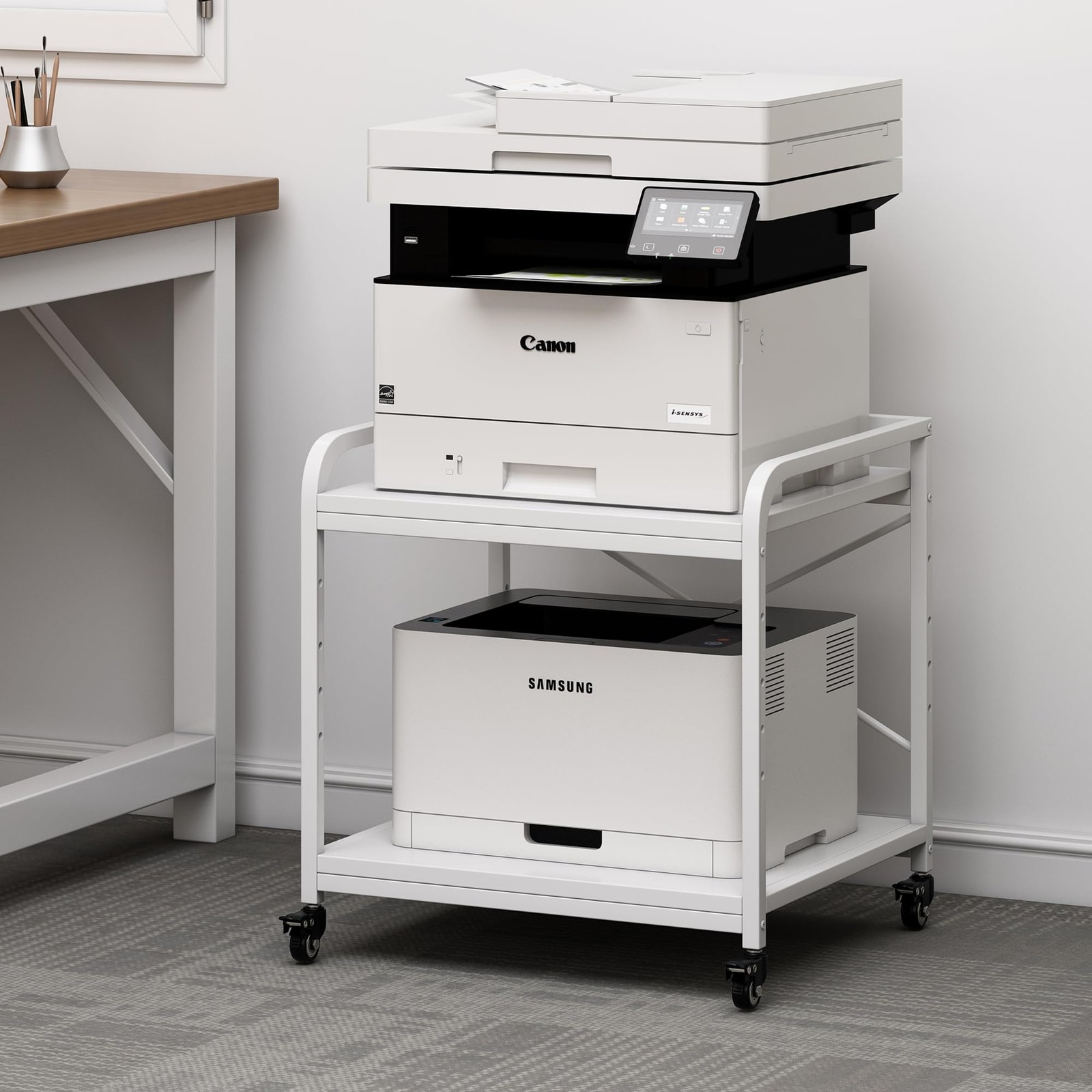 20 Inches Deep Large Printer Stand, 2 Tier Under Desk Printer Table with Height