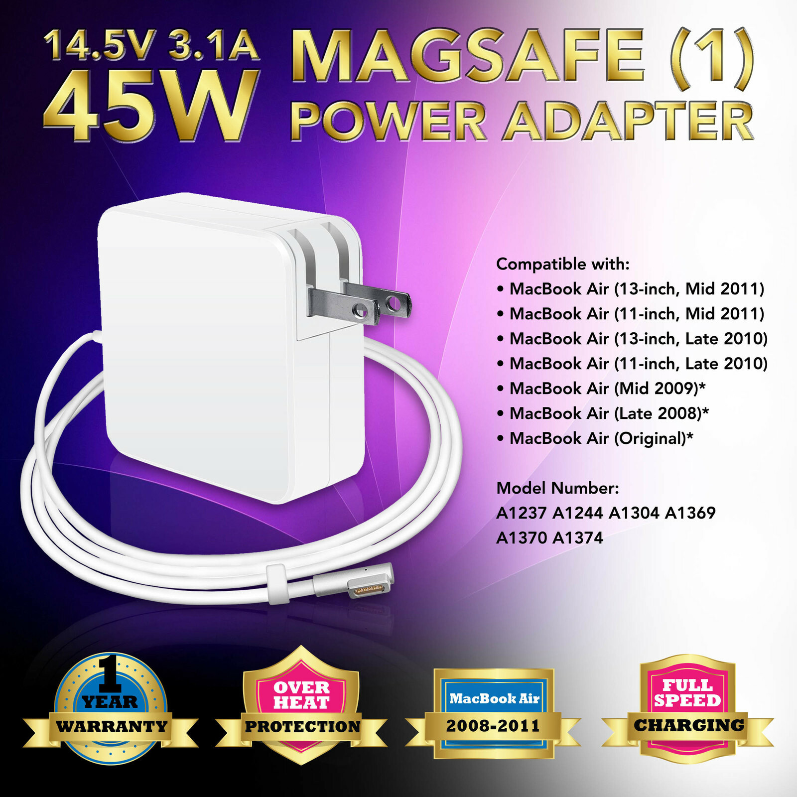 AC Adapter Charger for Apple Macbook Air 11" 13" Late 2008 2009 2010 2011, L-Tip