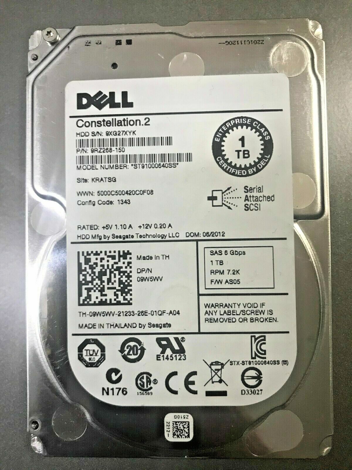 FOR Dell 1TB 6G 7.2K 2.5" SAS 9W5WV 09W5WV ST91000640SS Server HDD Hard Drive