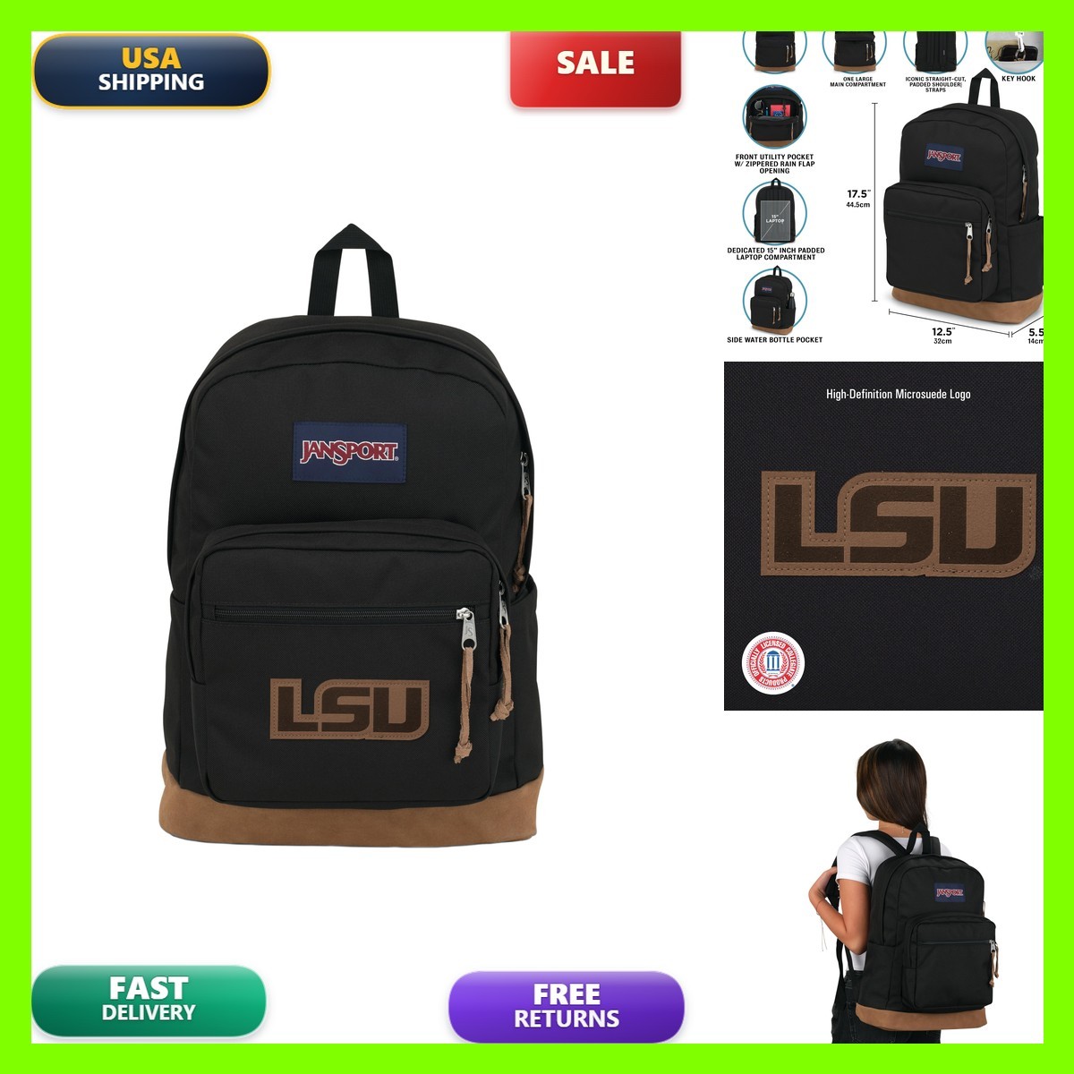 Jansport Ncaa Officially Licensed Backpack Lsu Tigers Right Pack Padded 15-Inch