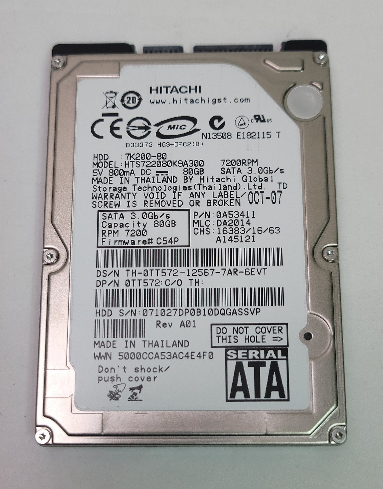 Hitachi HTS722080K9A300 2.5" HDD, 80 GB , SATA/300 Tested w/pics