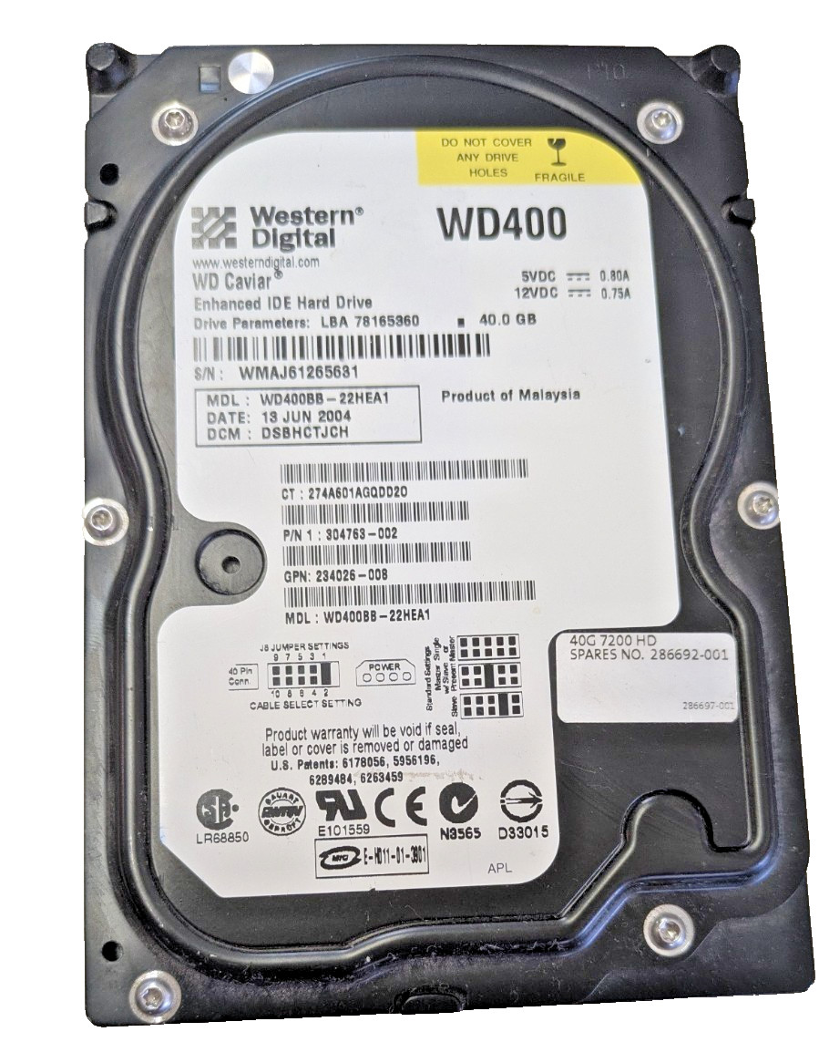 Western Digital WD Caviar 40GB IDE Molex HDD WD400BB-22HEA1 Tested