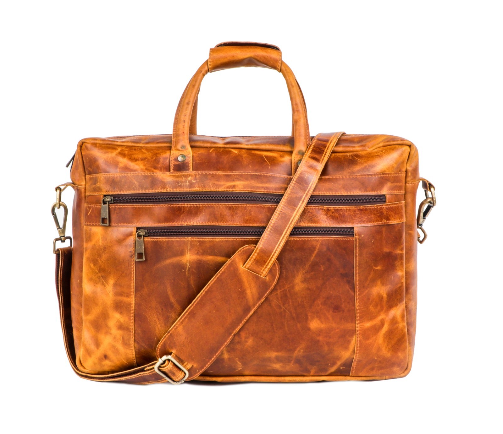 Vintage Tan Leather Laptop Bag Briefcase Shoulder Messenger Work Office
