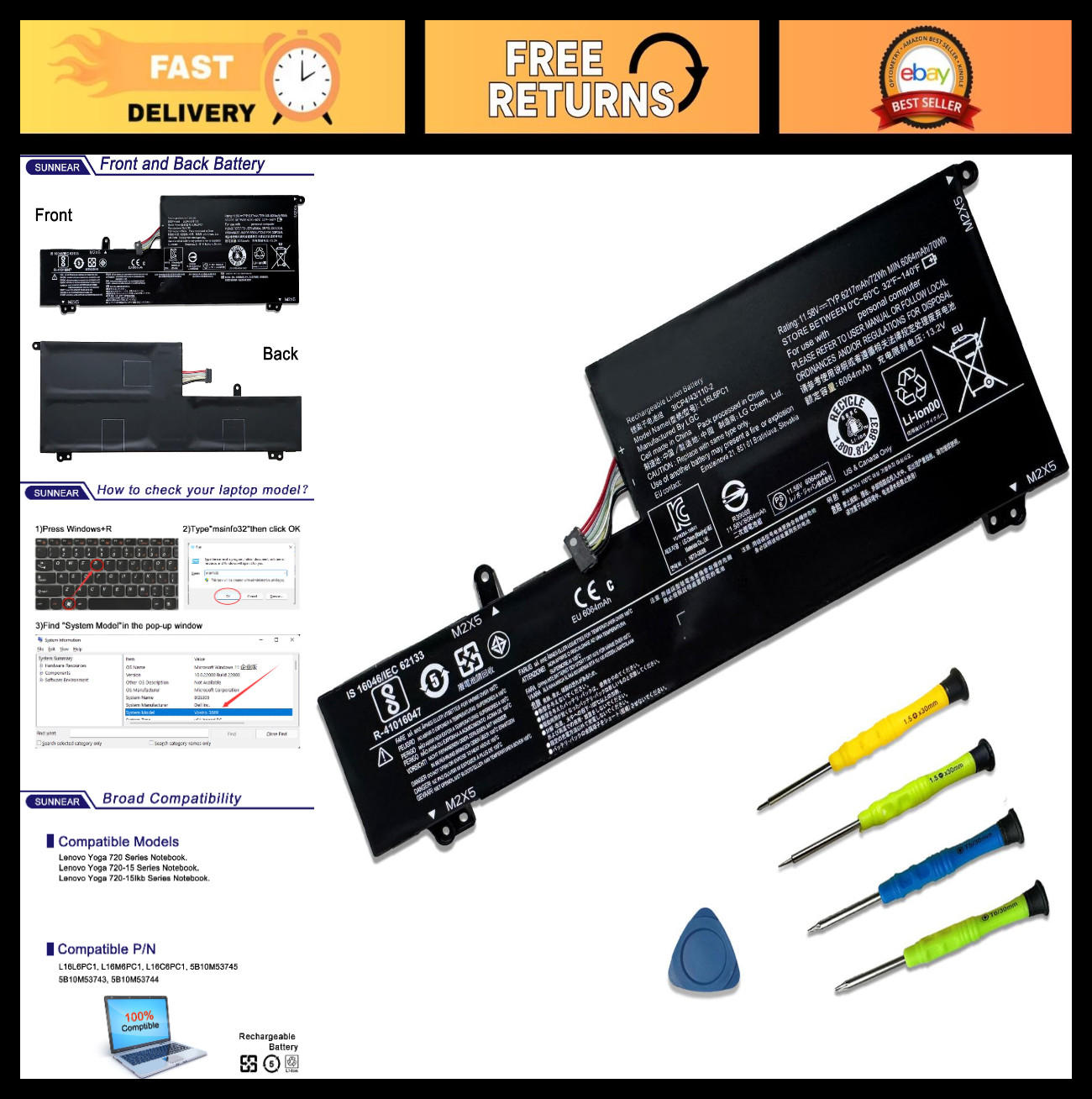 High-Capacity Replacement Battery for Lenovo Ideapad Yoga 720-15IKB 80X7 - L16L6