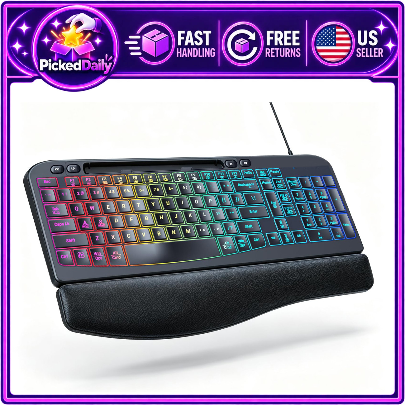 Ergonomic Wired Backlit Keyboard with Wrist Rest for Comfort & Productivity