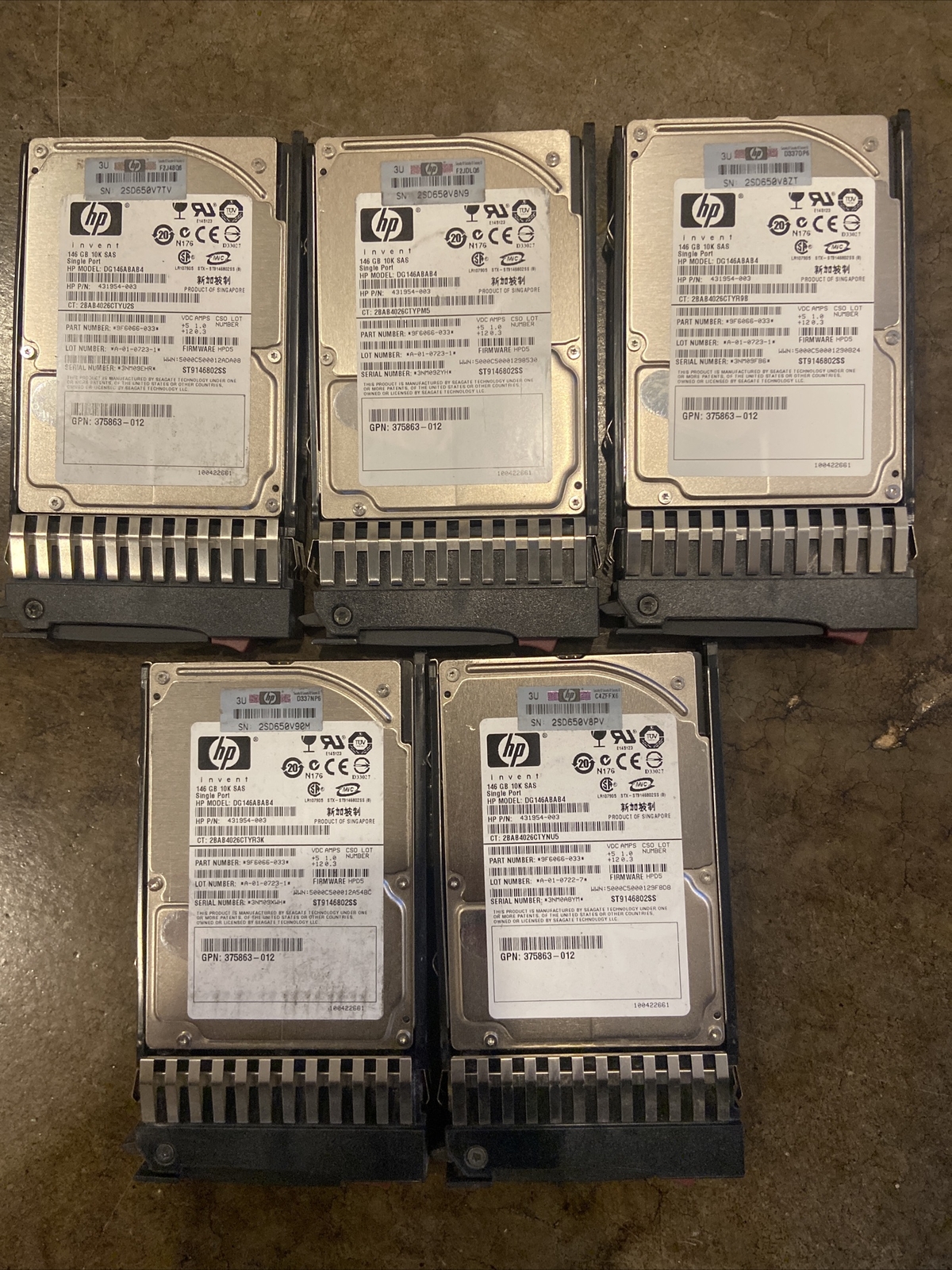 Lot of 5 HP DG146ABAB4/DG146BB976 146GB Internal 10k RPM 2.5" SAS Hard Drive