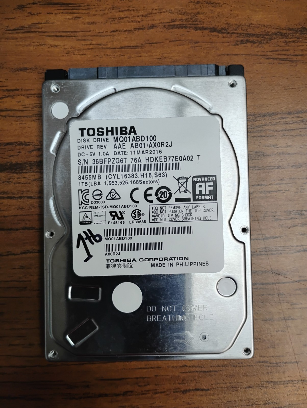 TOSHIBA 1 TB 2.5" SATA HARD DRIVE