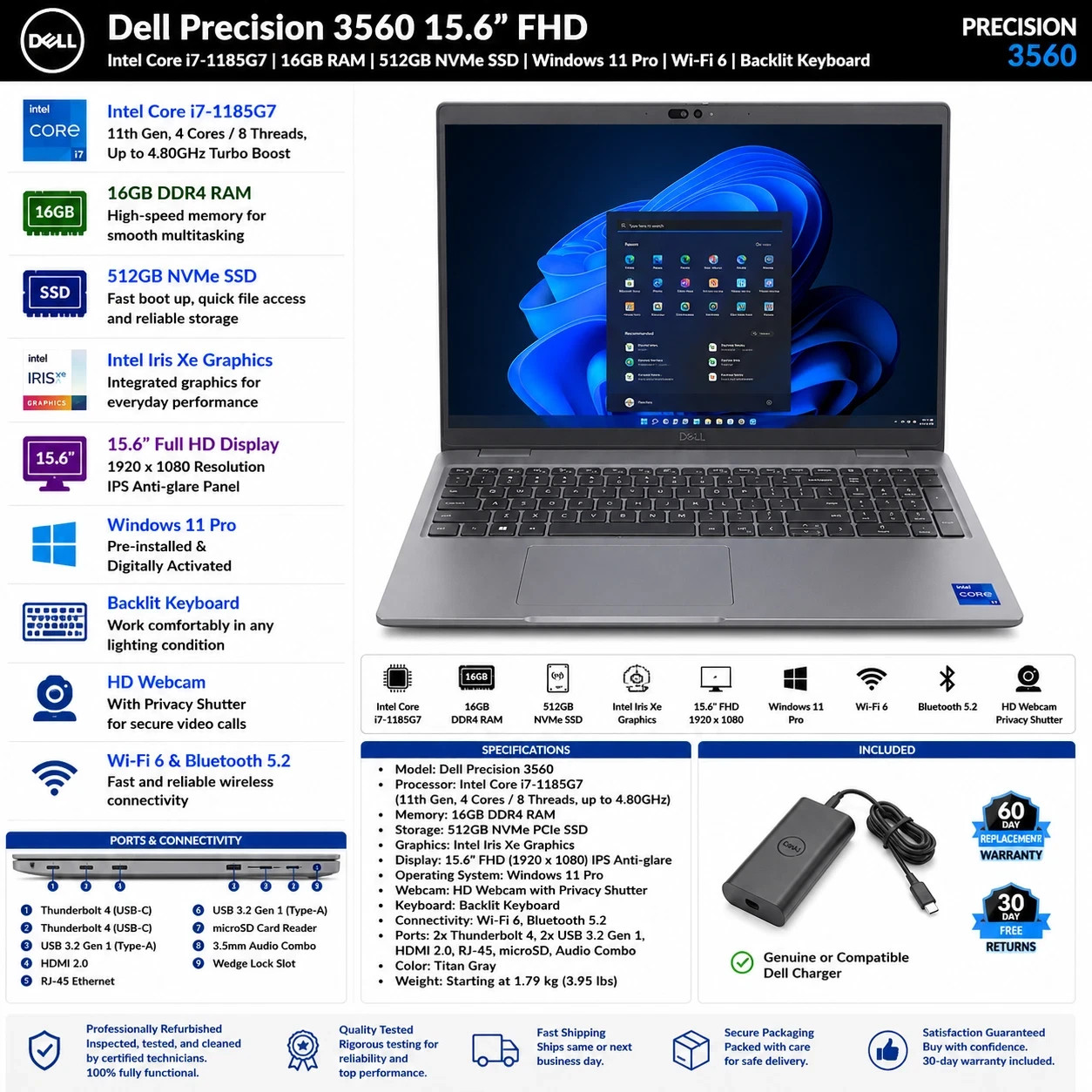 Dell Precision 3560 15.6" FHD i7-1185G7 16GB 512GB NVMe SSD Win11 Pro WiFi