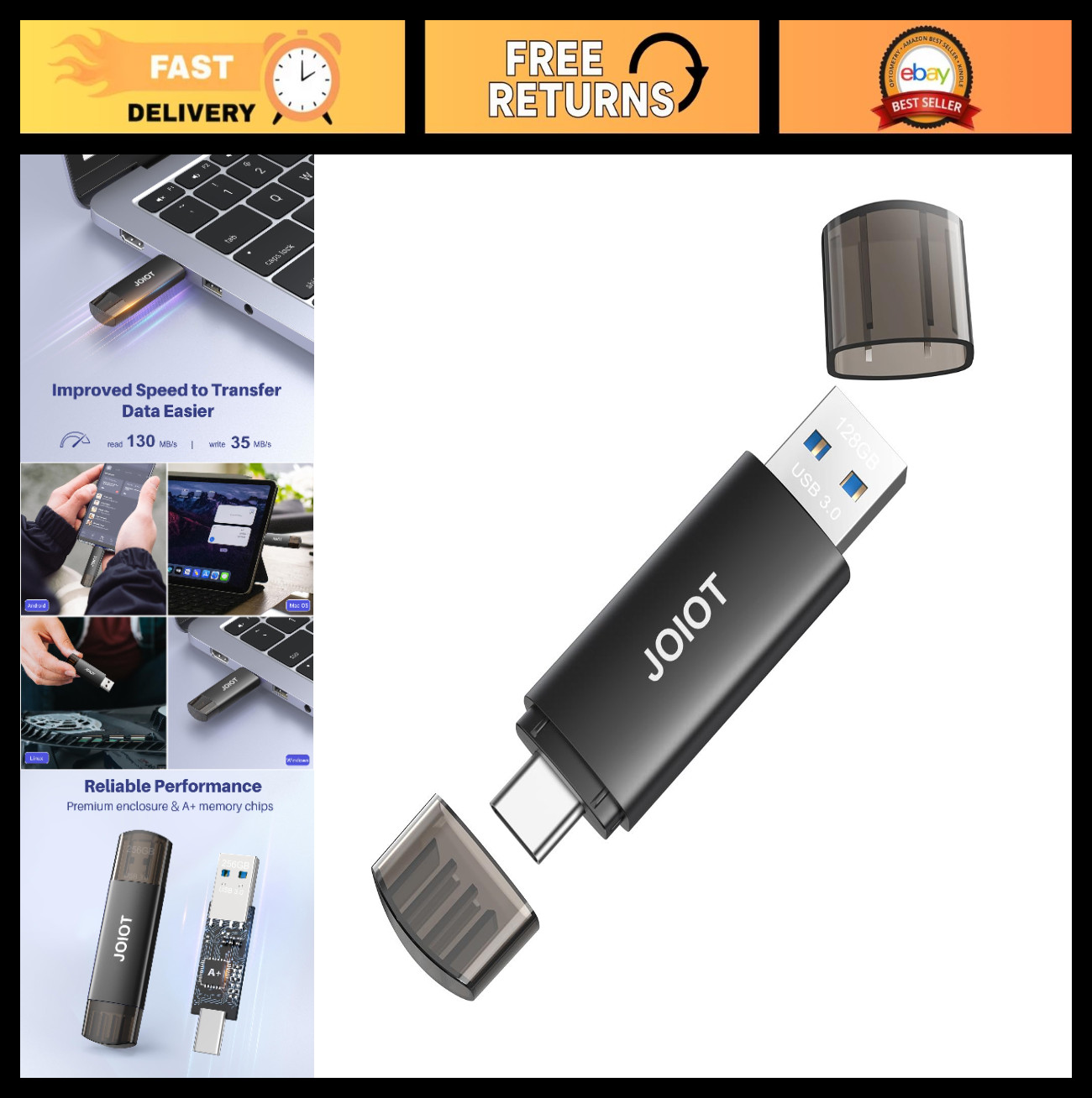 128GB Dual USB C Flash Drive, 2-in-1 Type-C & USB A Portable Thumb Drive for PC,