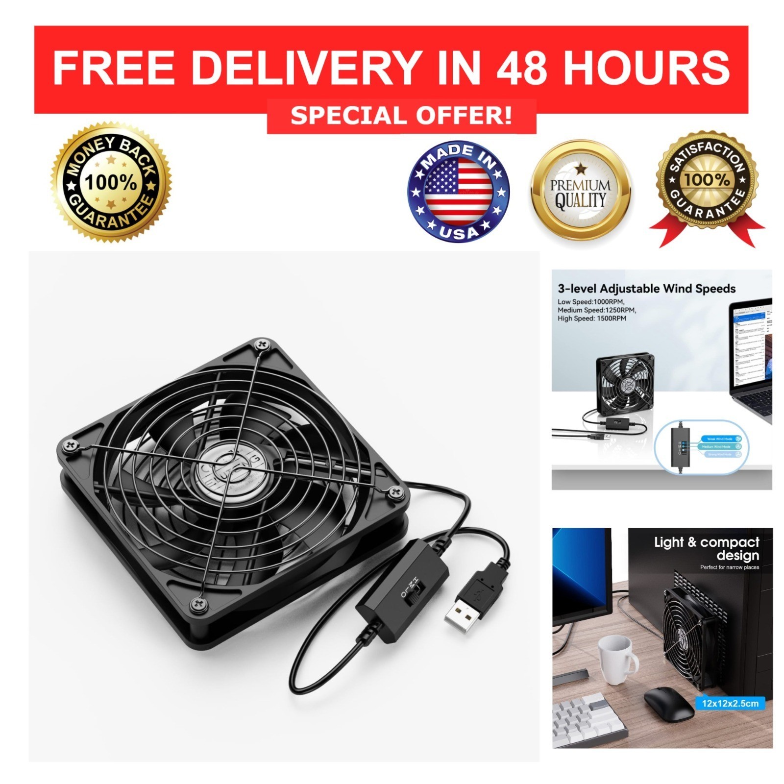 ELUTENG 120mm USB Case Fan 3-Speed 5V Quiet Cooling Fan for PC Router TV
