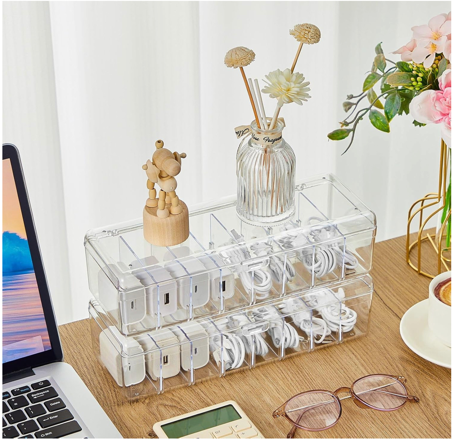 Tatuo 2 Pcs Cable Organizer Box with 20 Wire Ties and 2 Sort Stickers, Clear