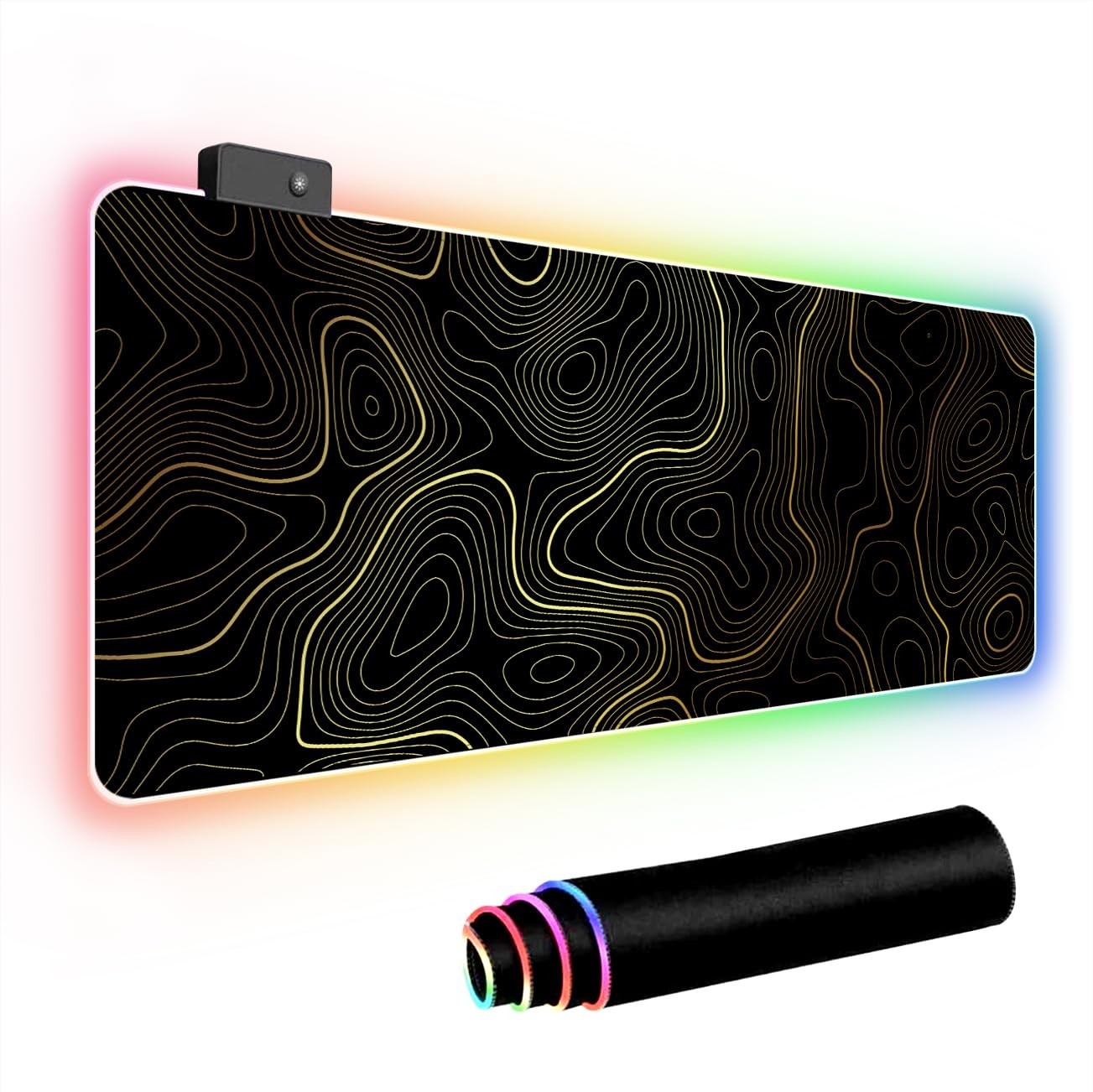 Large RGB LED Gaming Mouse Pad Black Gold Topographic Desk Mat XL Gamer Pad