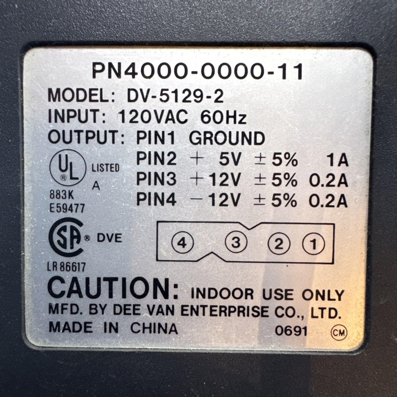 4 Pin DV-5129-2 AC ADAPTER 120VAC Power Cord Dee Van Enterprise 120 5V 12V