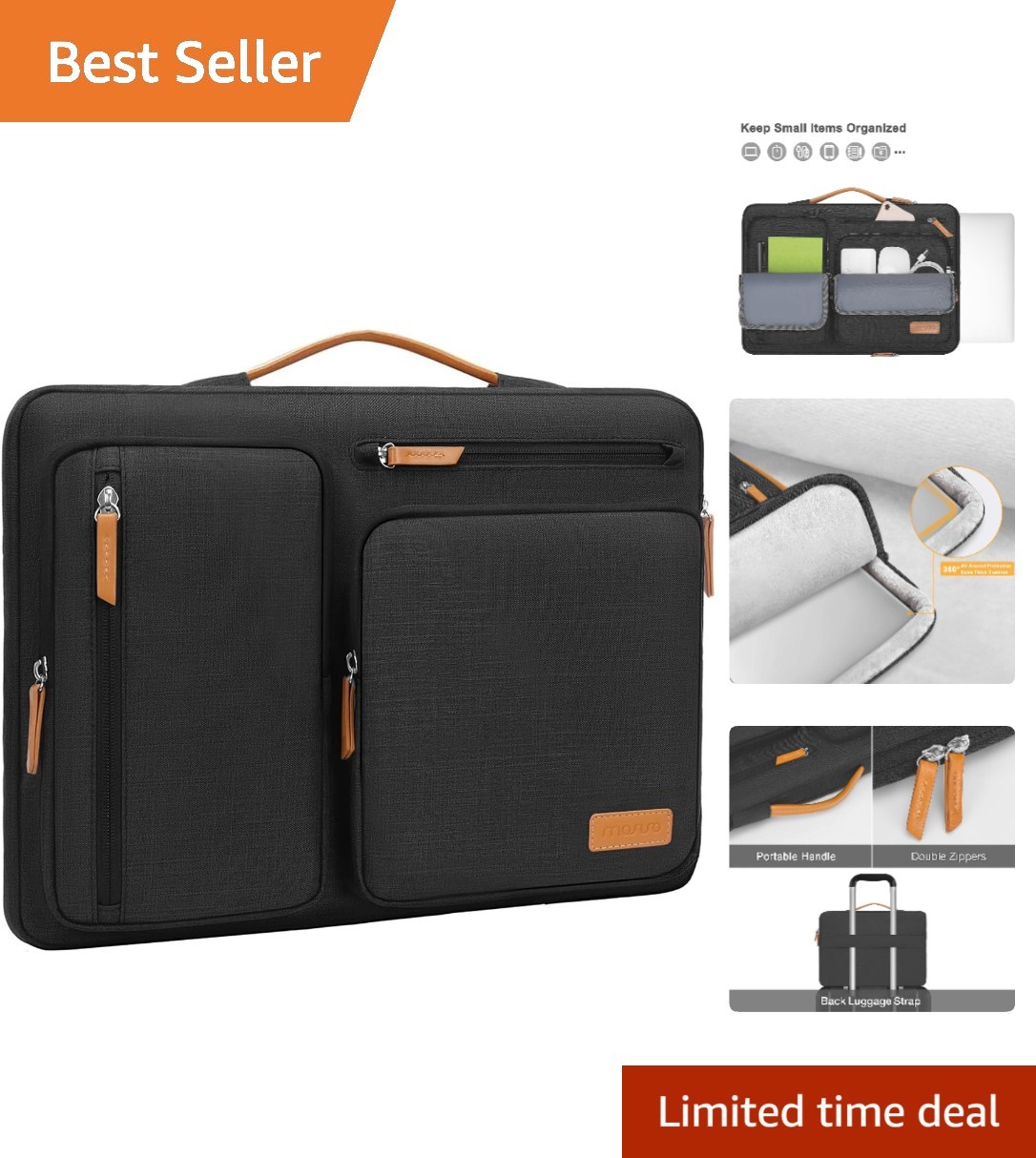 16-Inch Soft Black Laptop Case with Extendable Handle and Travel-Friendly Design