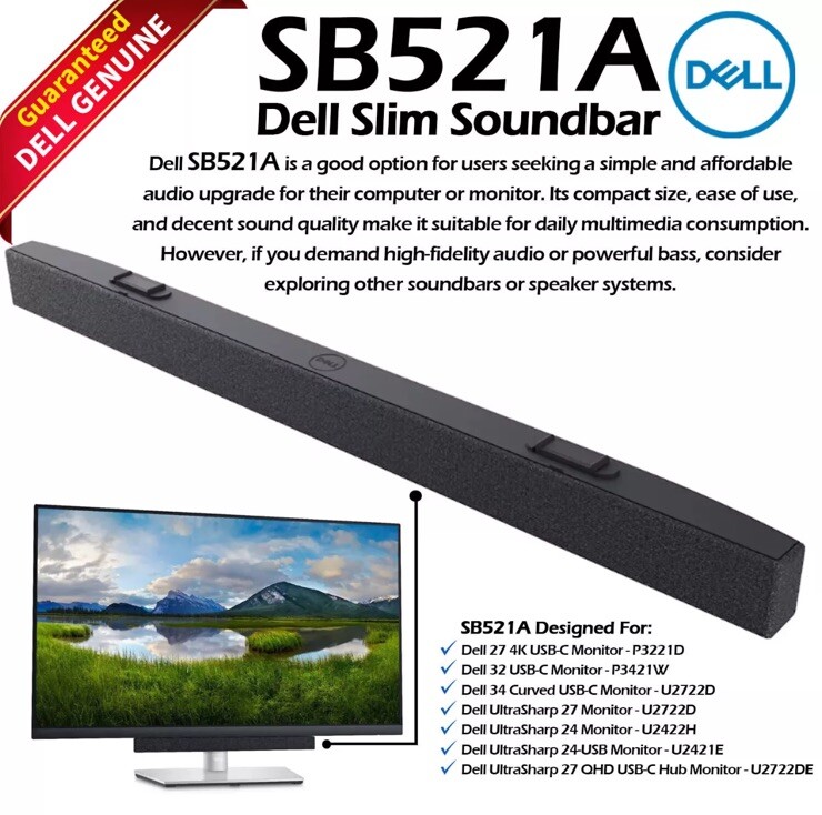 Genuine Dell Slim Sound bar Speaker SB521A U2421E P2721Q P3221D P3421W MRNJR