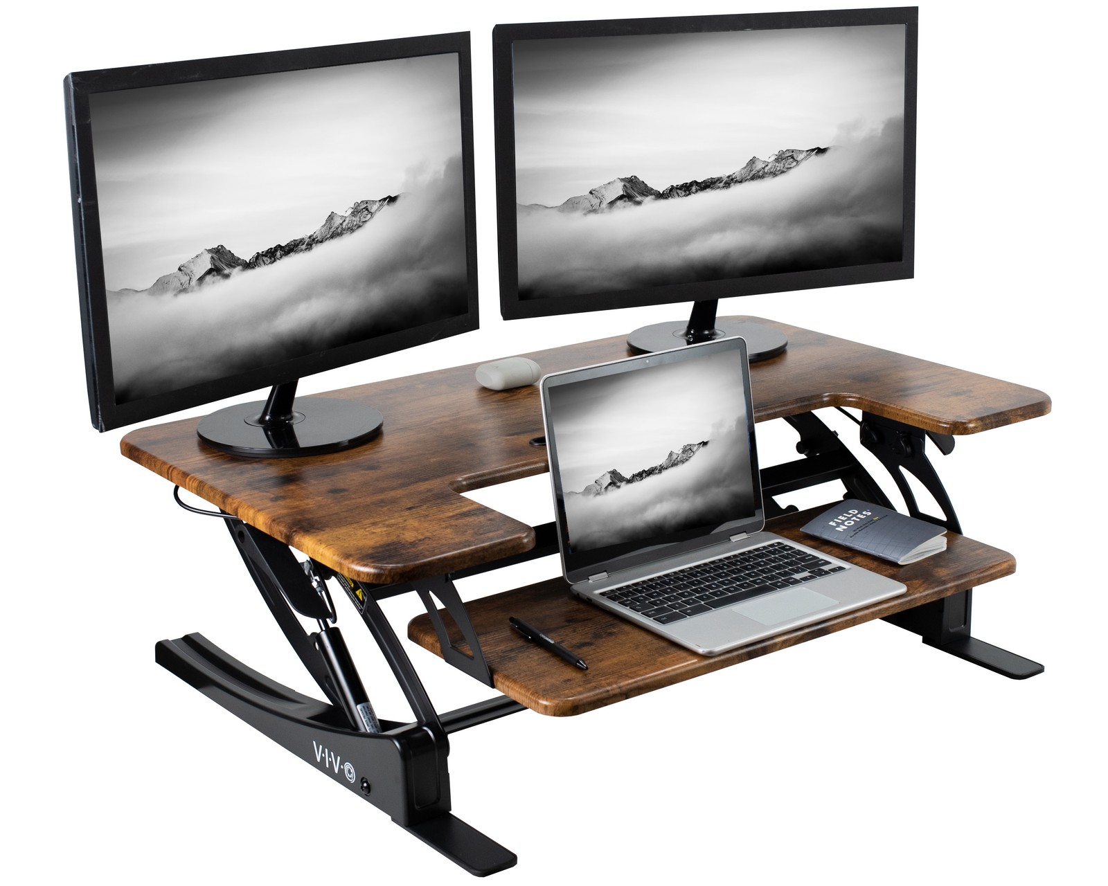 VIVO Rustic Vintage Brown Standing Desk Riser, Tabletop Sit-Stand, Black Frame