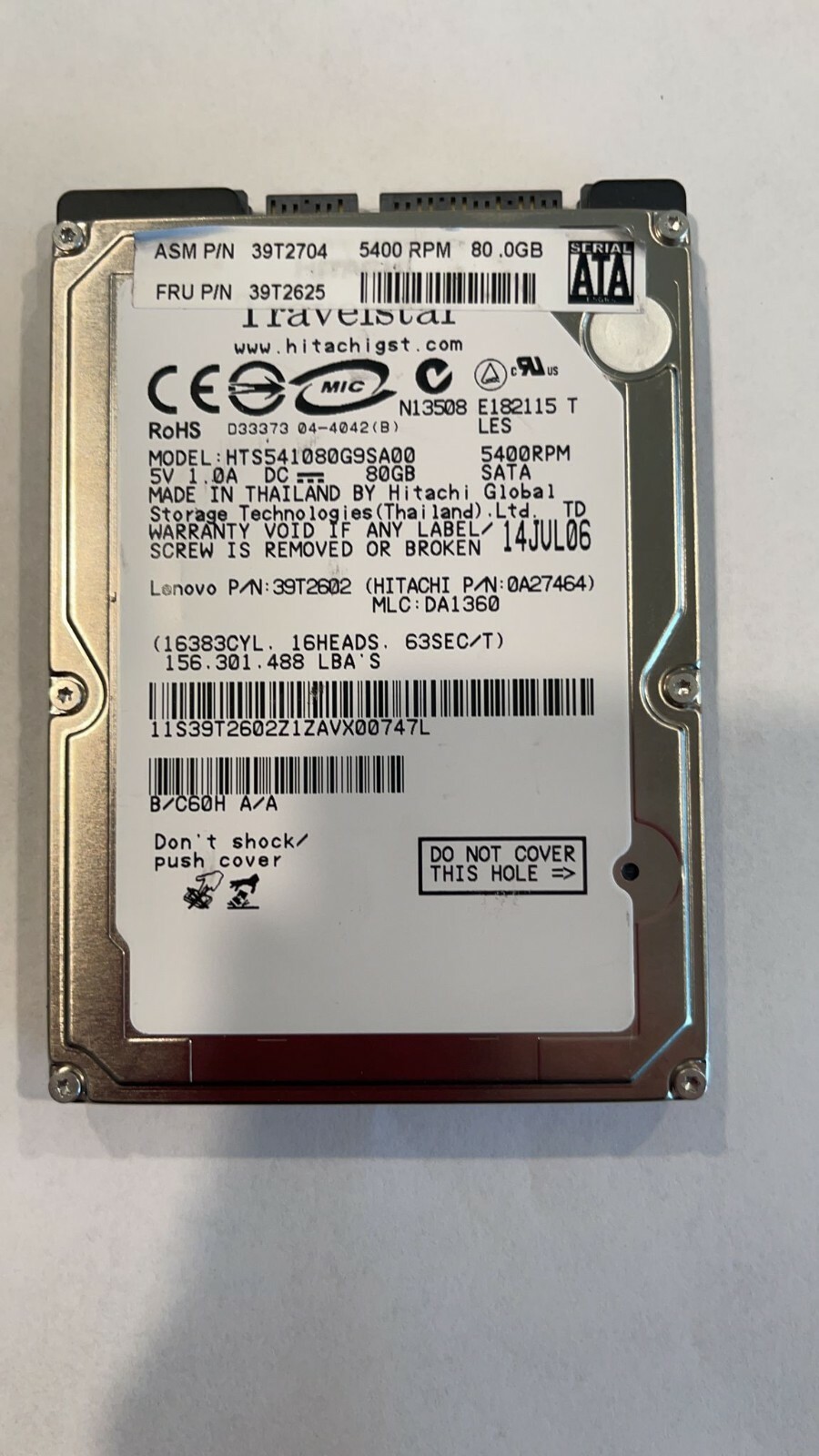 HTS541080G9SA00 GENUINE HITACHI HARD DRIVE 80GB 5400RPM SATA 2.5"
