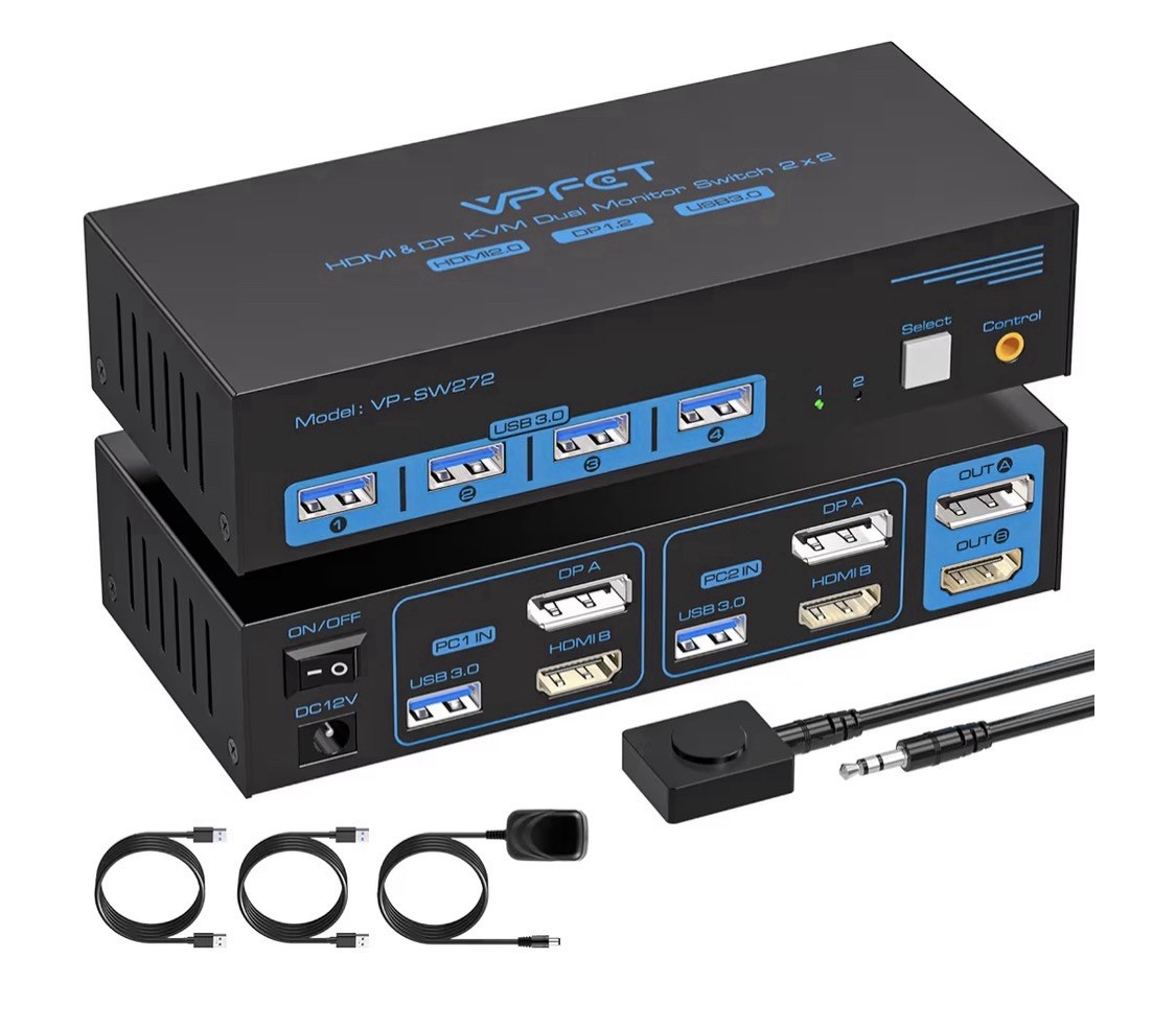 VPFCT VP-SW272 Dual Monitor KVM Switch 4K HDMI DP USB 3.0 Desktop Controller