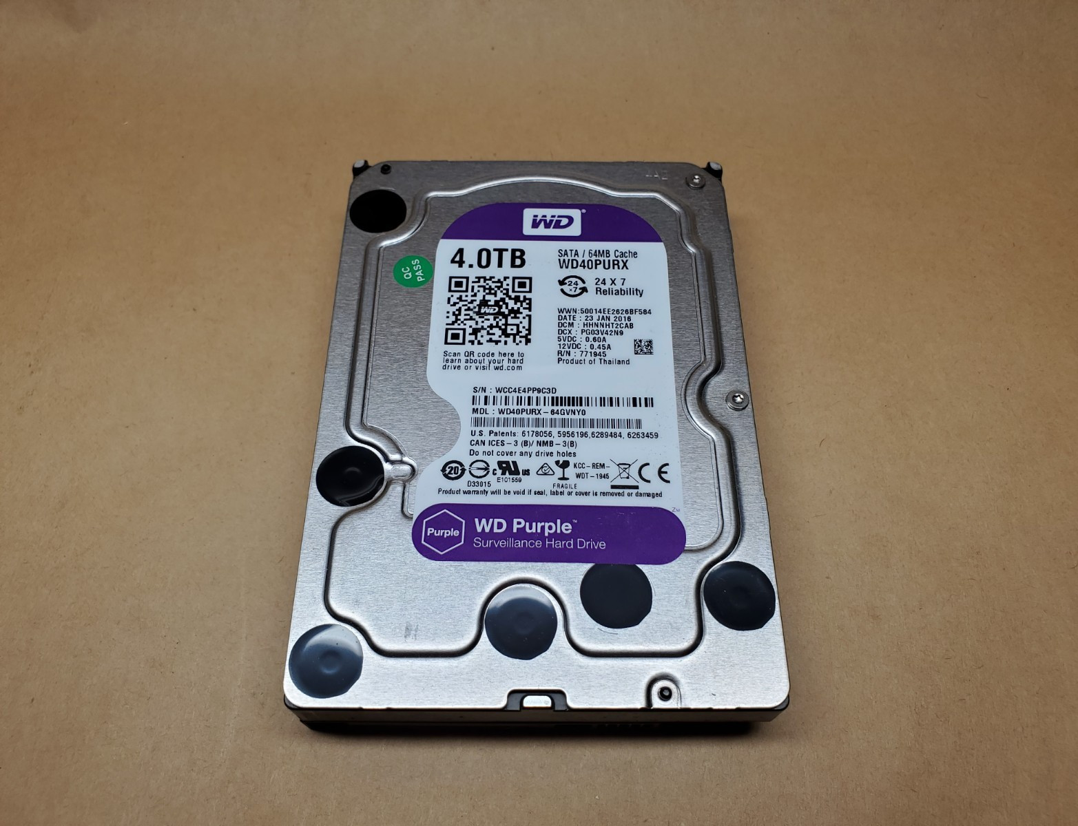 4TB Western Digital Purple Surveillance WD40PURX-64GVNY0 SATA 3.5" HDD | Tested