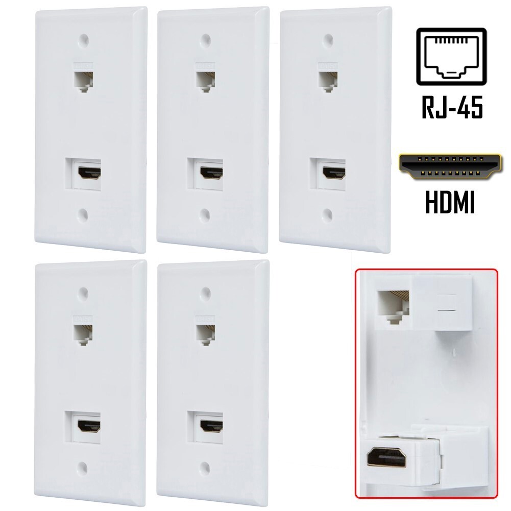 5 Pcs Recessed Wall Plate 1-Gang Cat5e RJ45 Ethernet + HDMI Video Coupler White