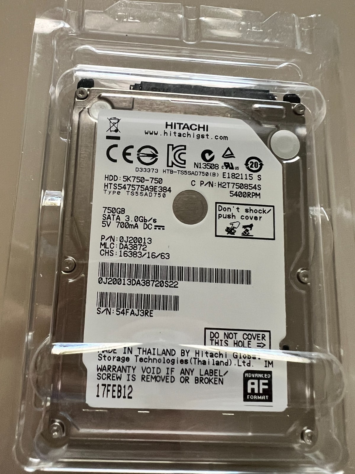 Hitachi  750GB  SATA  2.5" , HTS547575A9E384 ,ORIGINAL
