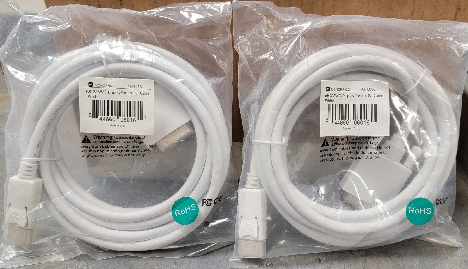 Lot Of 6 - Monoprice 6016 DisplayPort To DVI Cable - White 10FT