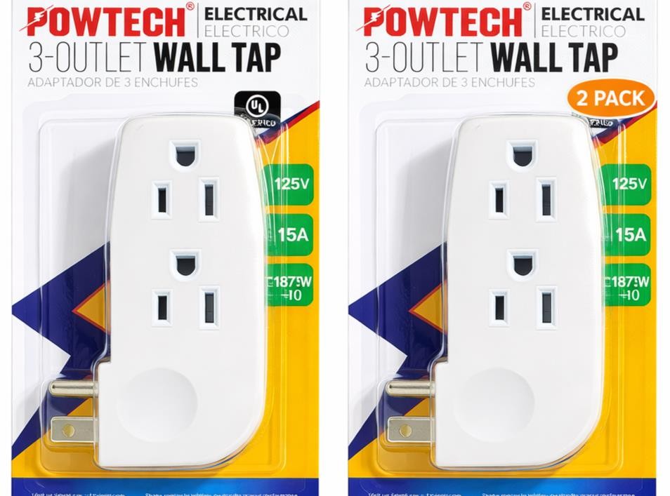2 Pack 3-Outlet Wall Tap Adapter Grounded 125V 15A 1875W Power Splitter Plug