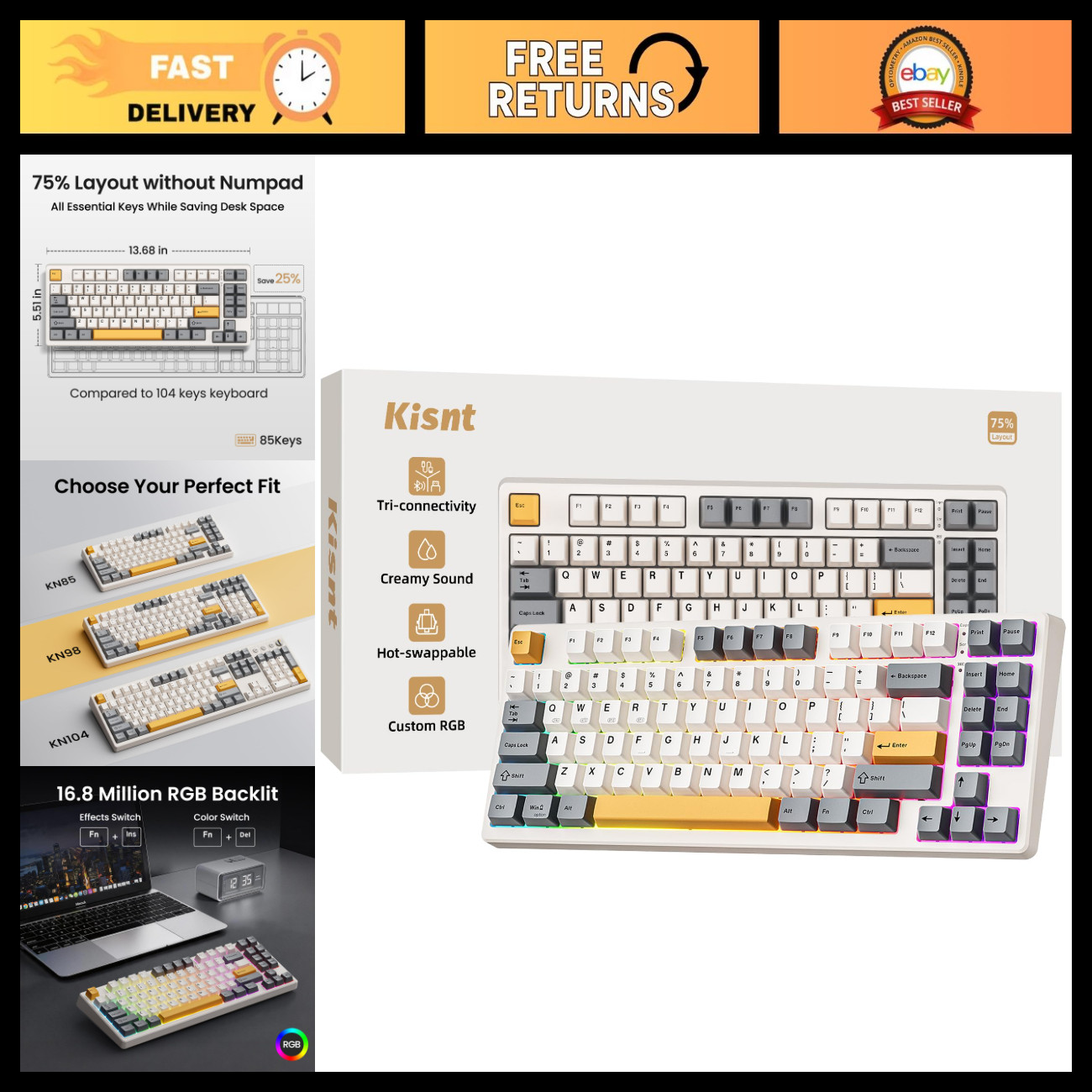 Wireless Mechanical Keyboard, 75% Layout, Bluetooth/USB-C, RGB Backlit, Hot-Swap
