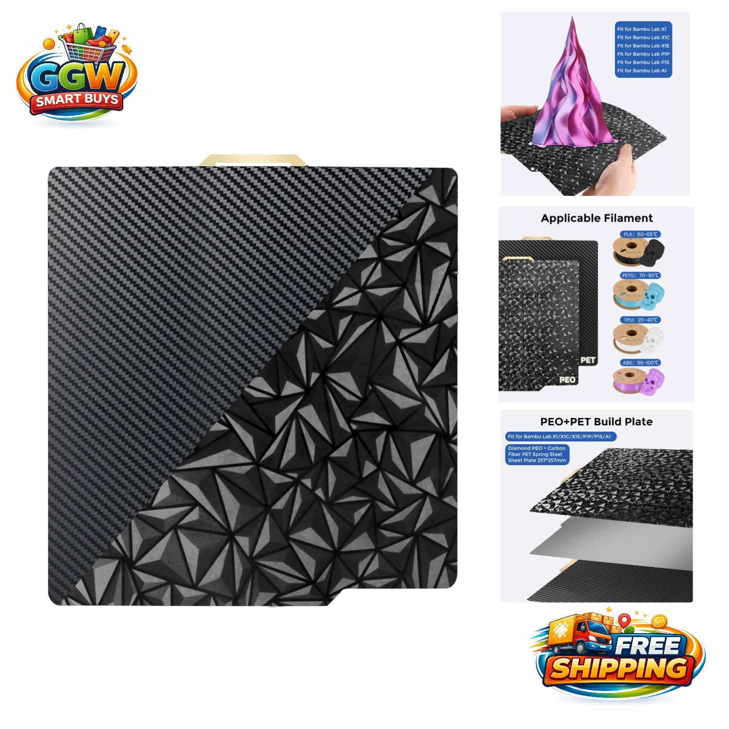Revolutionary 257x257mm Build Plate with Diamond and Carbon Fiber Textures