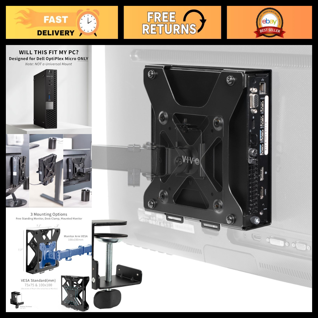 VESA Monitor Mount, Adjustable Dual Arm Desk Stand, Black, Fits 13"-27" Screens
