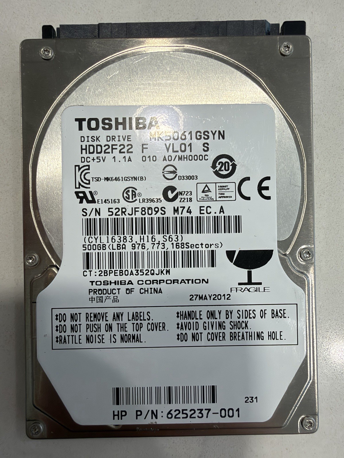 Toshiba MK5061GSYN HDD2F22 500GB 2.5" SATA II Laptop Hard Drive