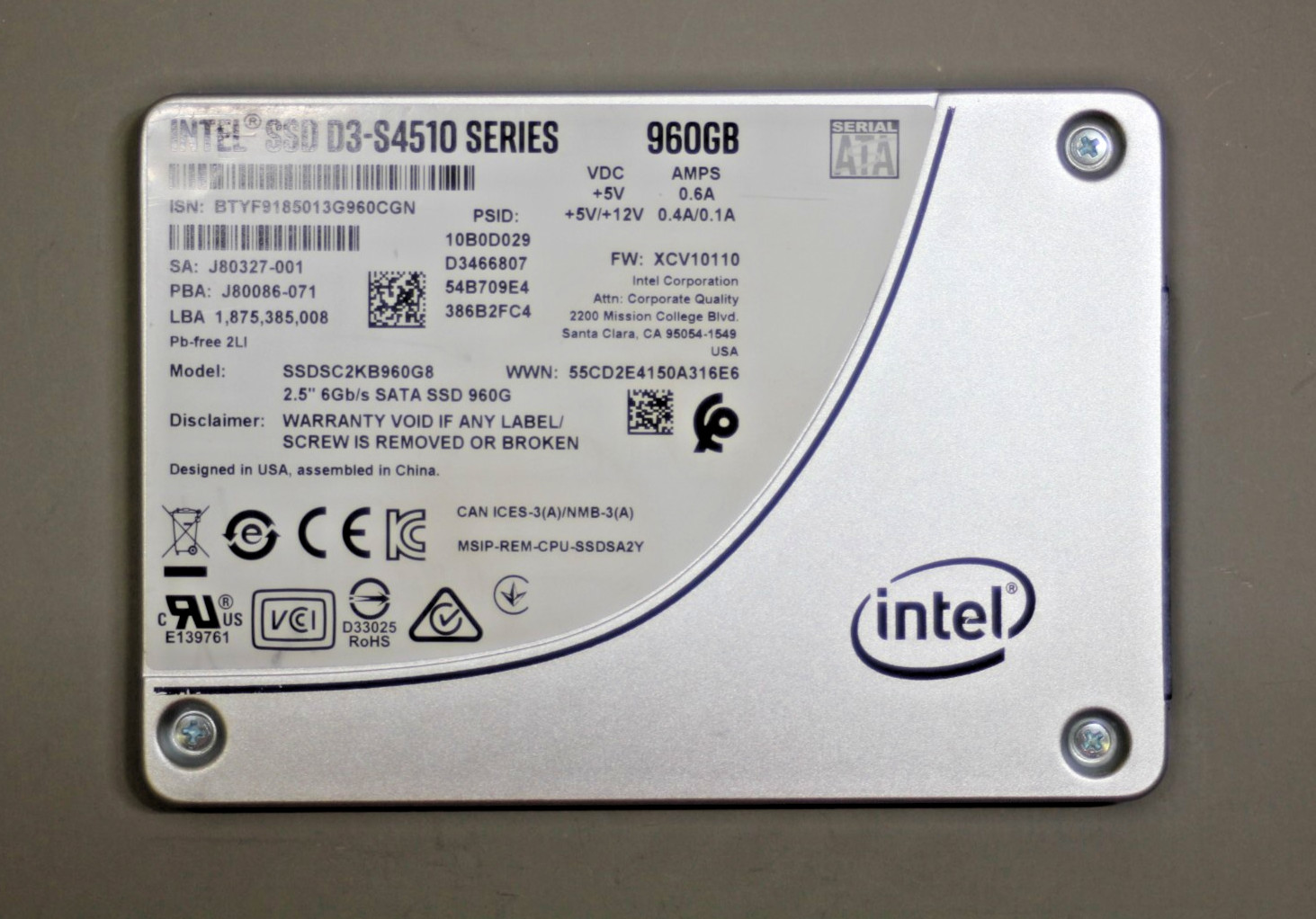 Intel SSD D3-S4510 Series 960GB SATA 6Gb/s 2.5" SATA SSDSC2KB960G8 100% Health