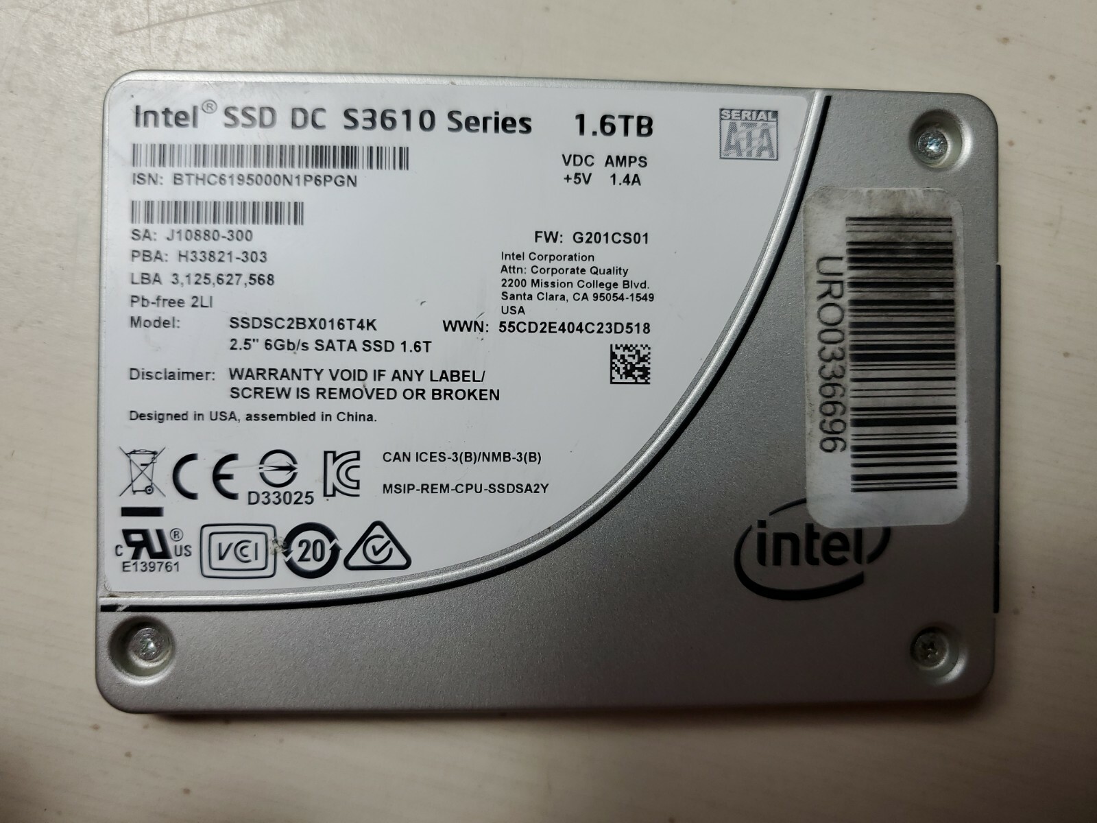 Intel DC S3610 Series 1.6TB Internal SATA3 (SSDSC2BX016T4K) Solid State Drive