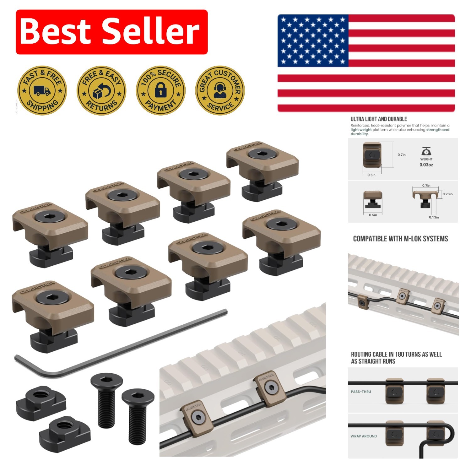 Tactical Wire Management Solutions: 8-Pack M-LOK Cable Guides - Earth Tan