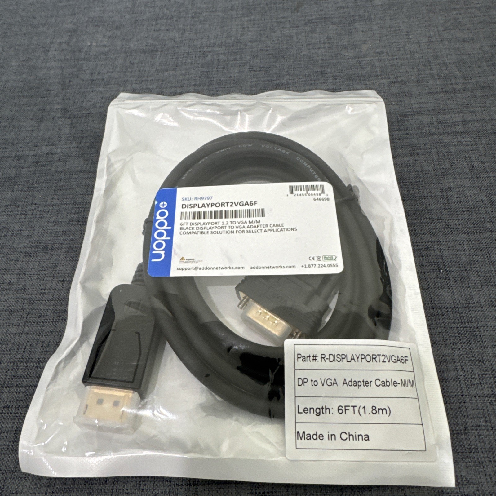 Addon 6ft DisplayPort 1.2 Male to VGA Male Black Cable For Resolution