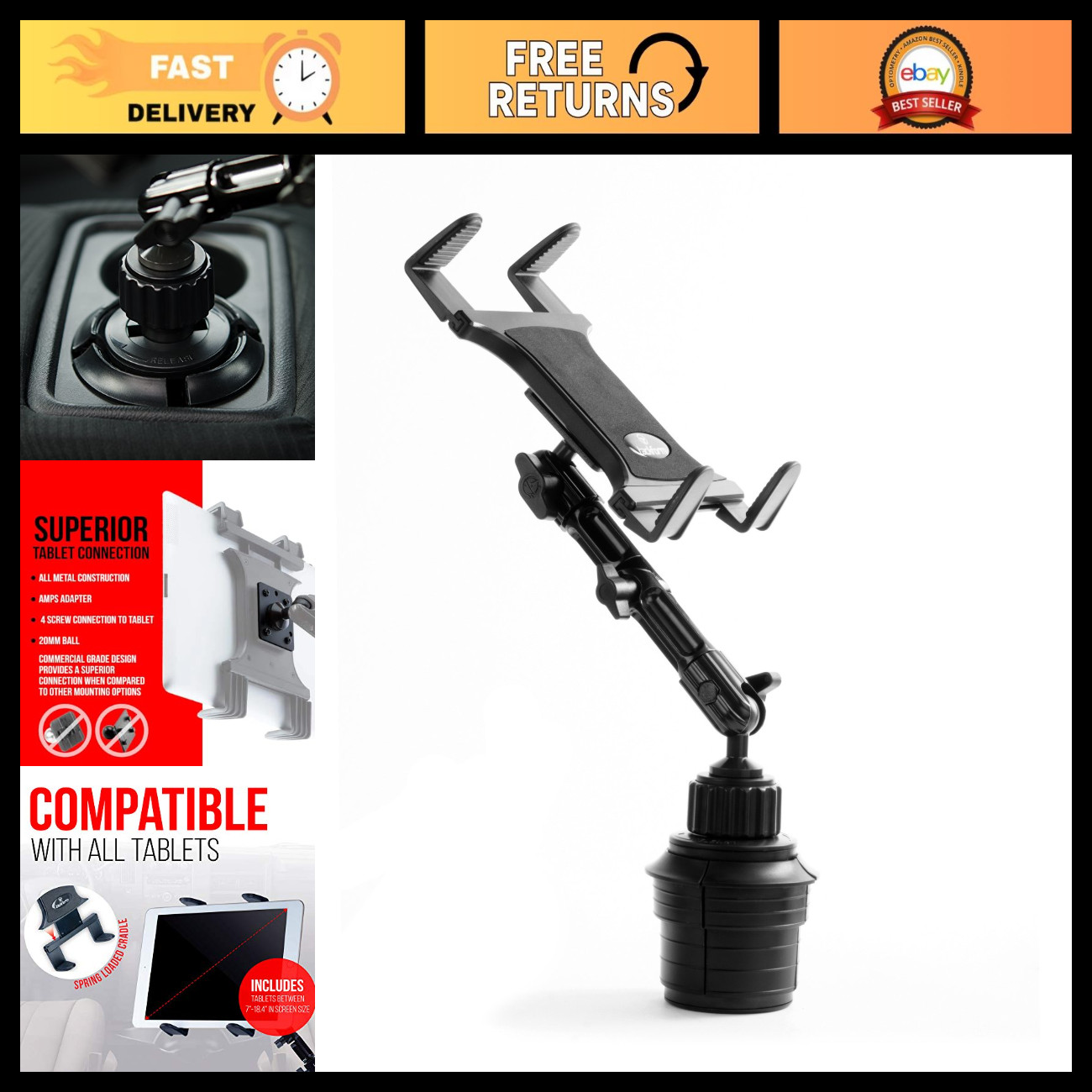 Heavy Duty Tablet Cup Holder Mount for Car/Truck - Adjustable 3-Way Arm, Univers