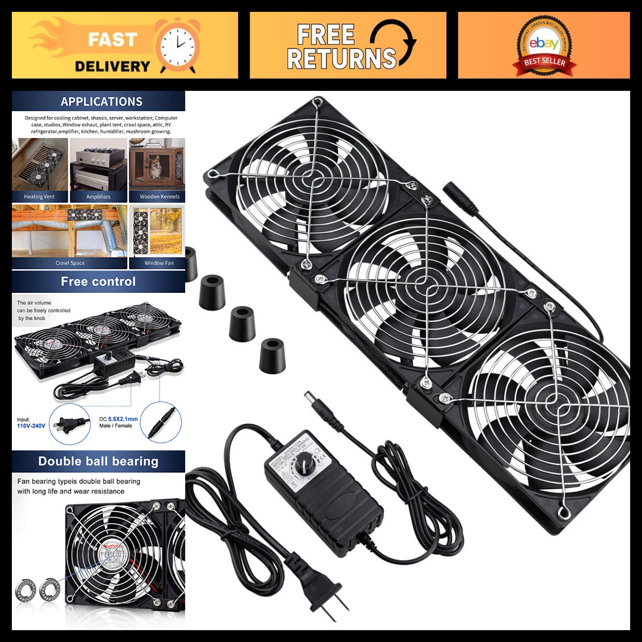 Dual Ball 3x120mm Computer Fan - AC Plug, DC 12V, High Airflow Server Cooling
