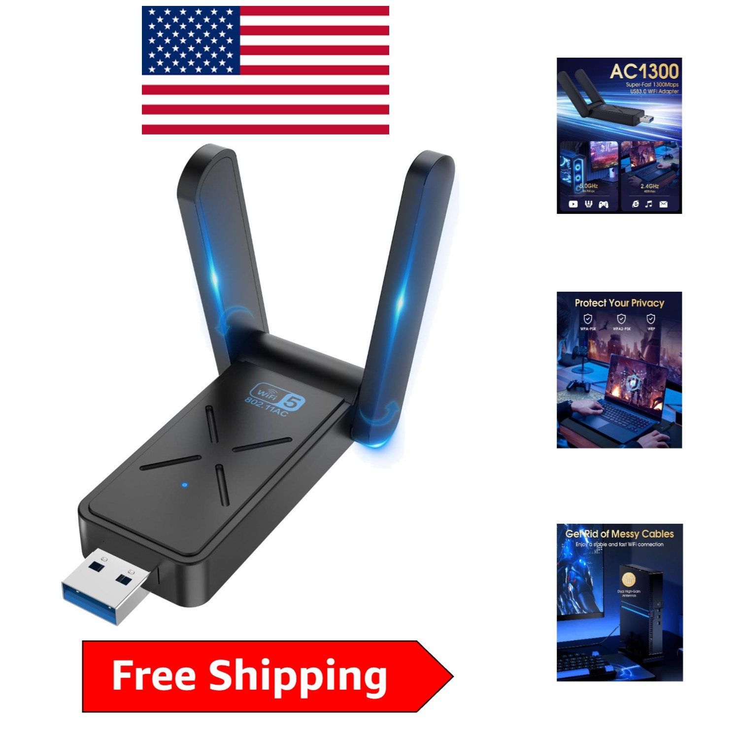 AC 1300Mbps USB 3.0 Dual-Band WiFi Adapter for Seamless Desktop Connectivity