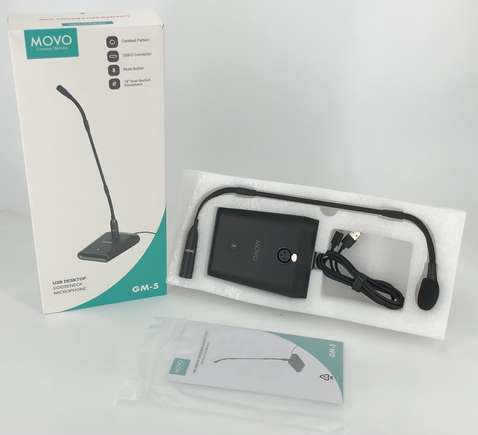 Movo GM-5 Professional 18-inch Gooseneck Microphone with USB Interface Stand