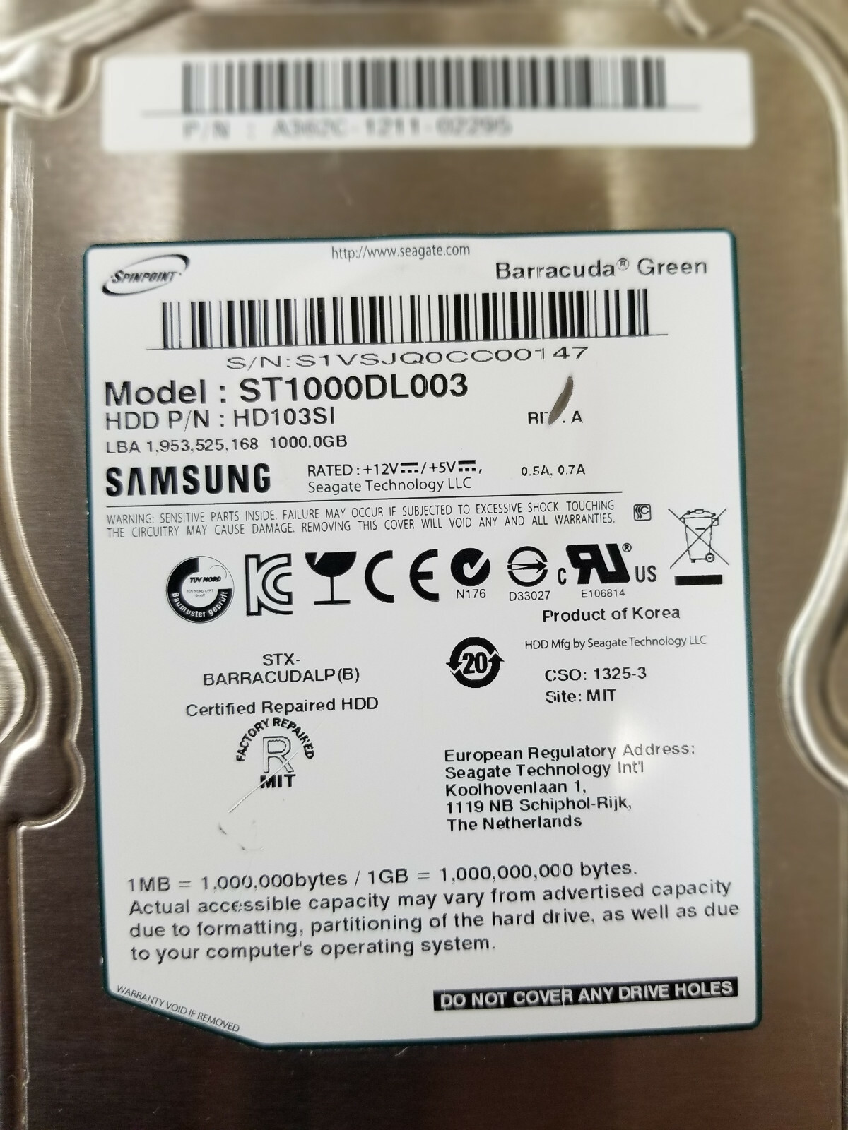 Samsung HD103SI, ST1000DL003, PN: A362C-1211-02295, 1TB 3.5" HDD