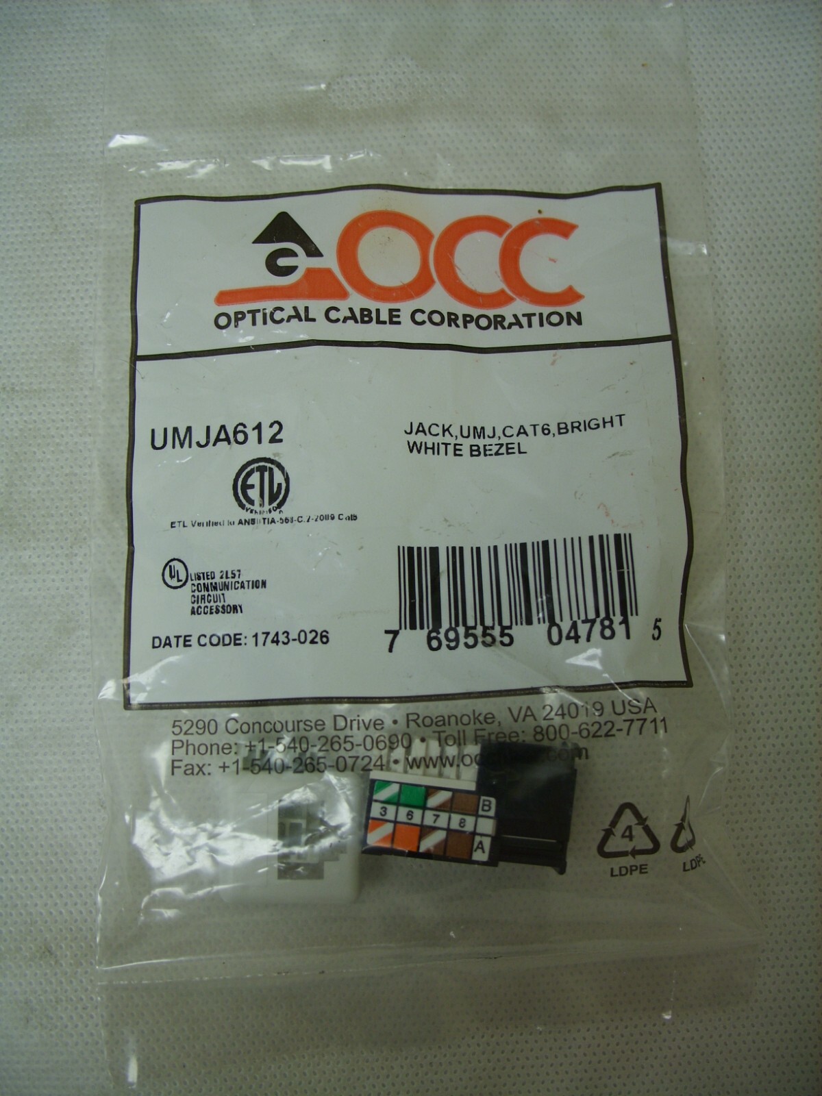 OCC Optical Cable Co. - CAT6 Jack UMJ - Bright White Bezel - UMJA612