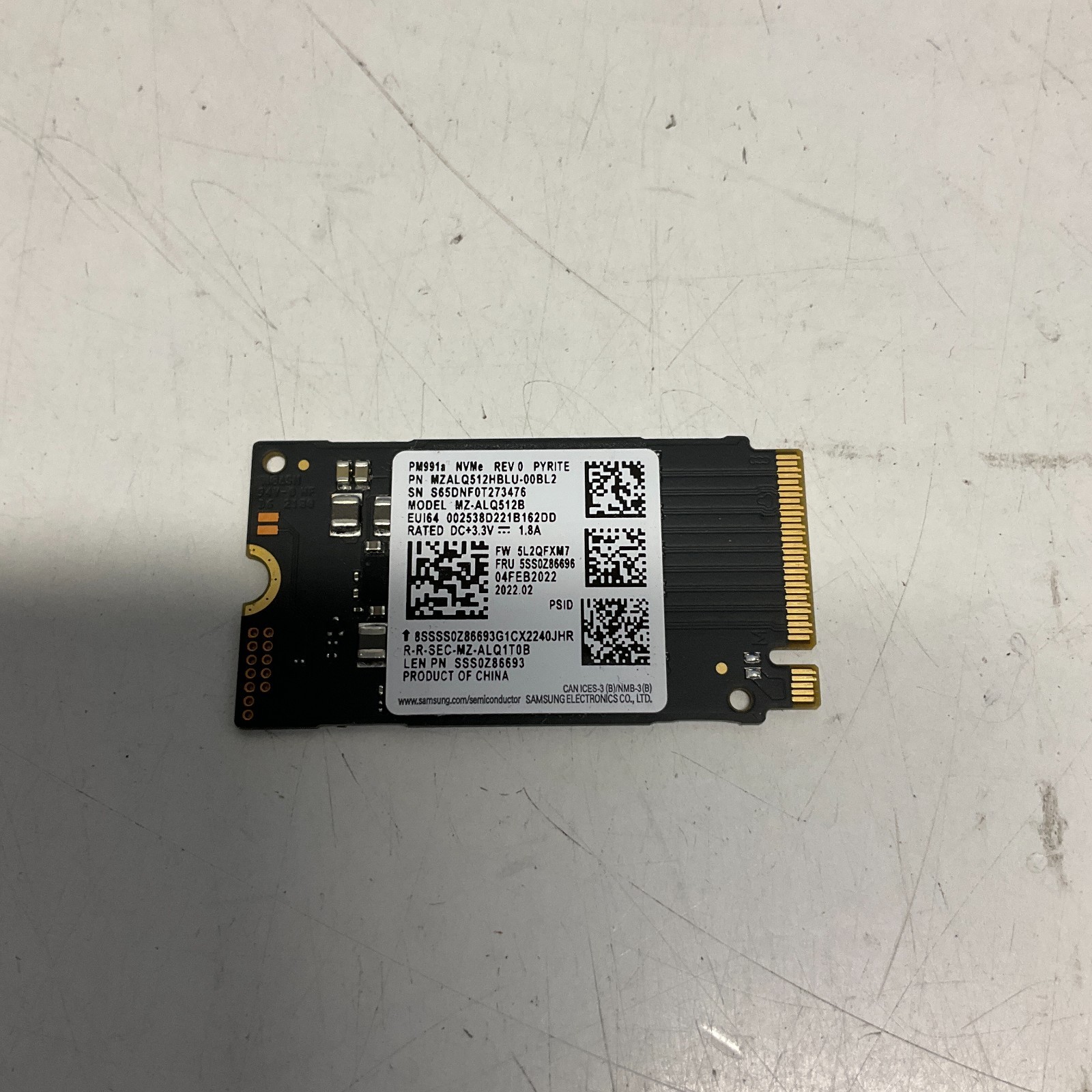 Samsung MZ-ALQ512B PM991A 512GB M.2 2242 NVME PCIE3.0 SSD
